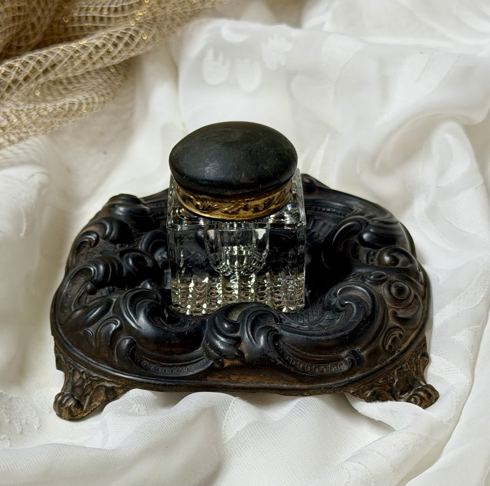 Antique Art Nouveau Cast Metal Inkwell Stand Victorian Cut Glass Desk Inkstand Antique Art Nouveau Cast Metal Inkwell Stand Victorian Cut Glass Desk Inkstand
