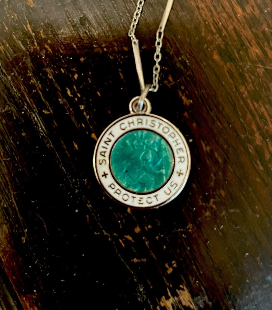 Sterling Silver tiny Green White Enamel Saint Christopher medal W Chain VTG Sterling Silver tiny Green White Enamel Saint Christopher medal W Chain VTG