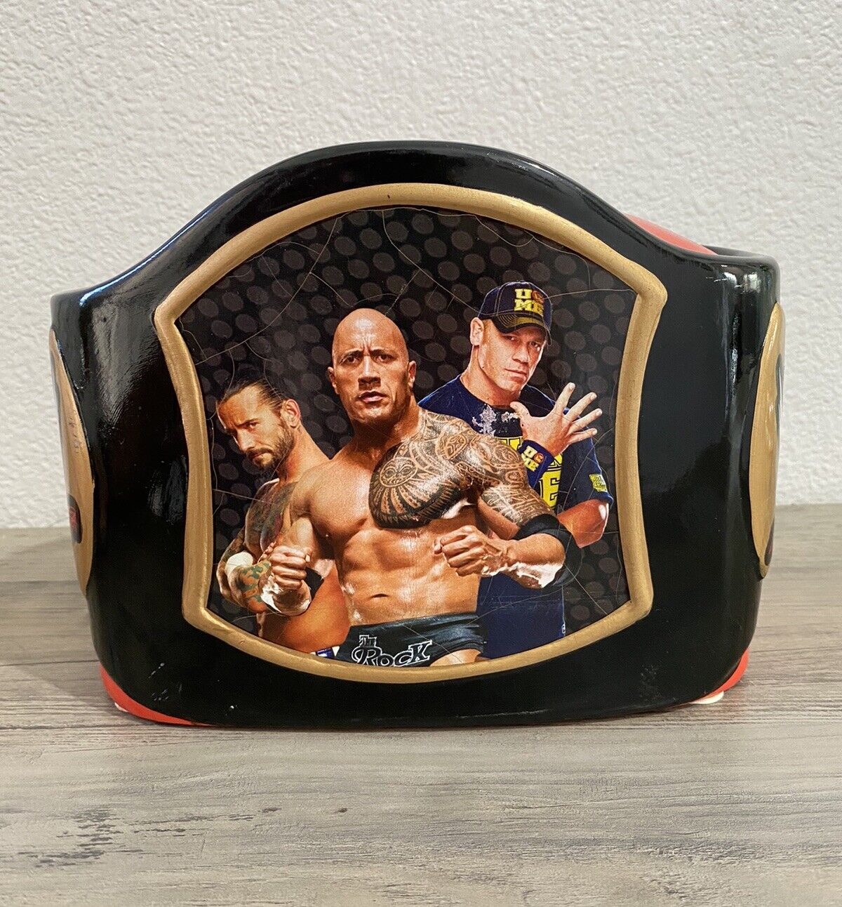 WWE 2014 The Rock John Cena CM Punk Ceramic Piggy Bank Championship Belt Red