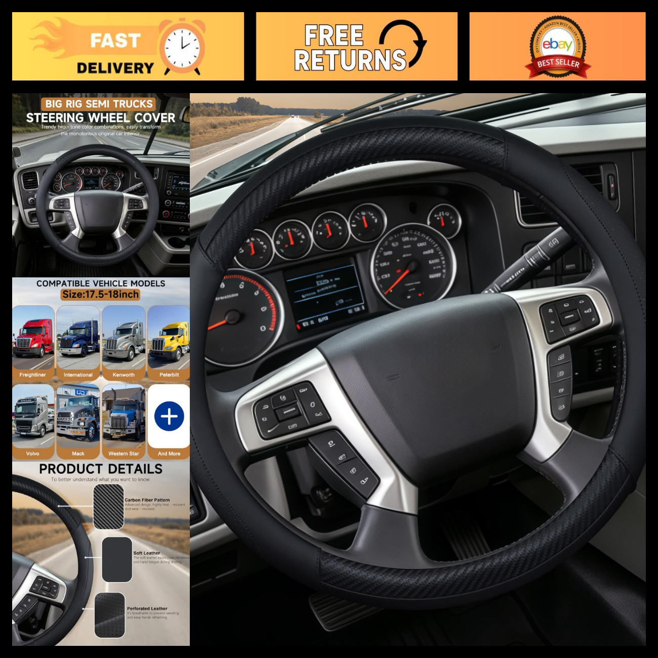 17.5-18" Heavy Duty Leather Steering Wheel Cover for Semi Trucks