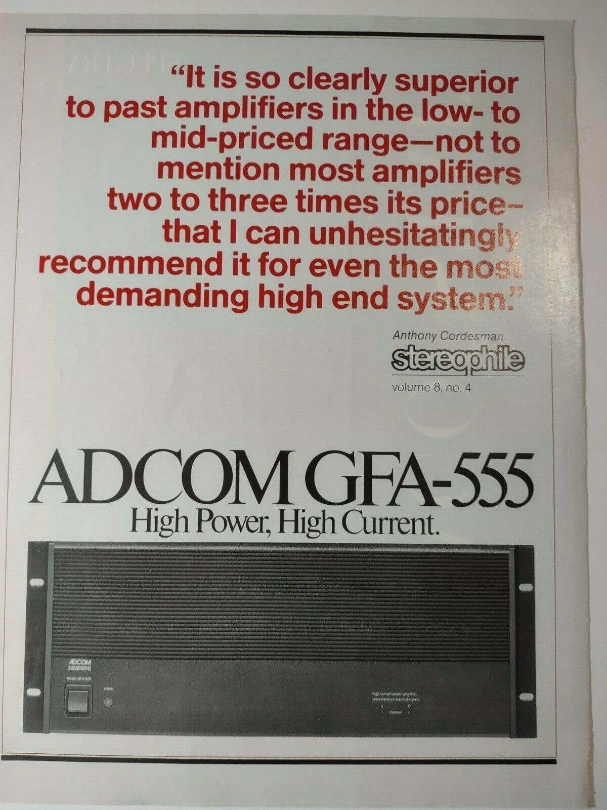 Adcom GFA 555 High Power Current Amplifier Vintage Print Ad