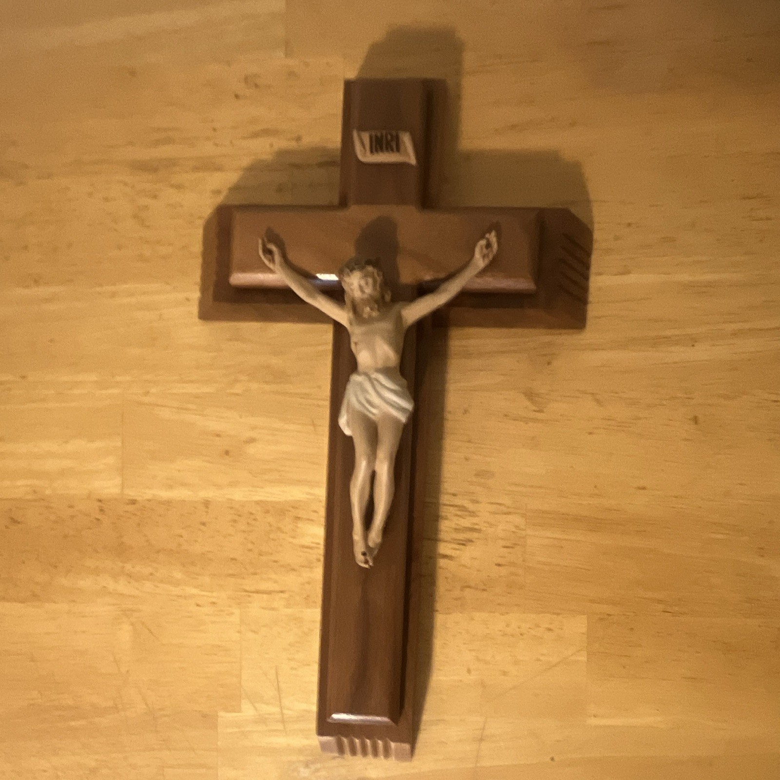 ⁠Vtg Mid Century Catholic Last Rites Sick Call Set Wood Cross Marian M Emblem⁠
