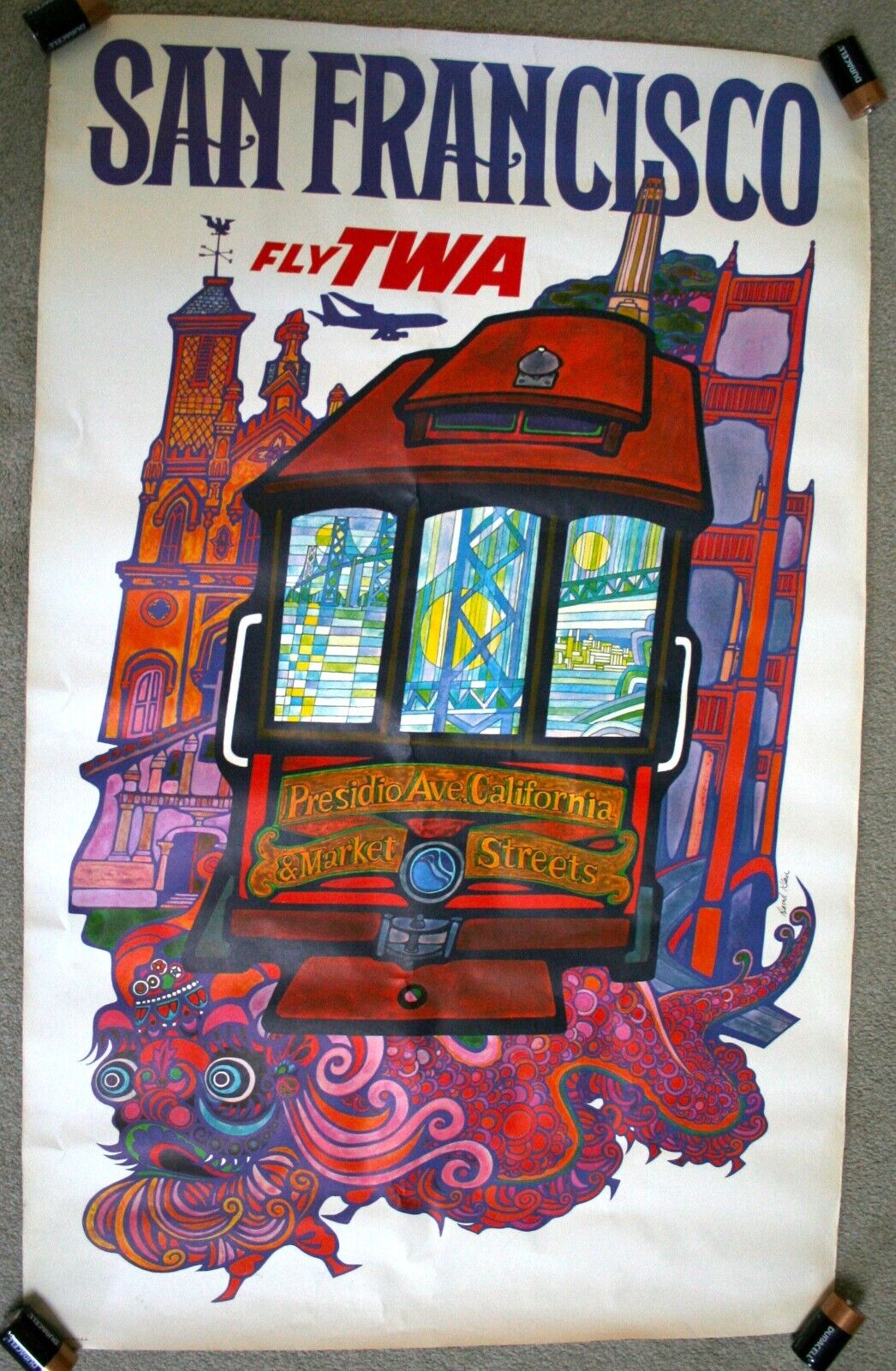 Original FLY TWA SAN FRANCISCO Vintage Travel Poster 40x25 David Klein 1950s VG