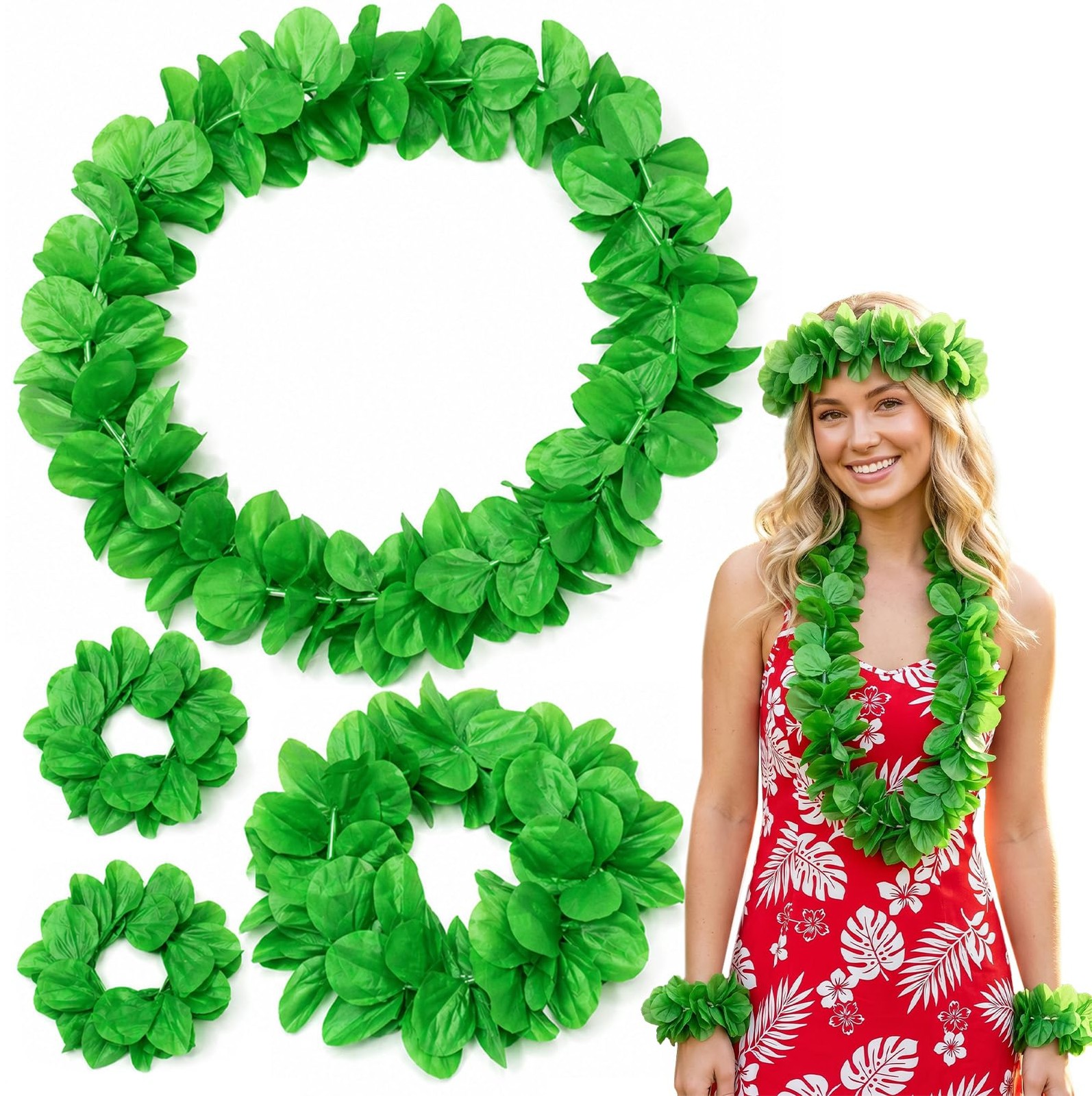 Dokeawo Green Hawaiian Luau Flower Leis Set - Headband, Necklace Large, Dokeawo Green Hawaiian Luau Flower Leis Set - Headband, Necklace Large,