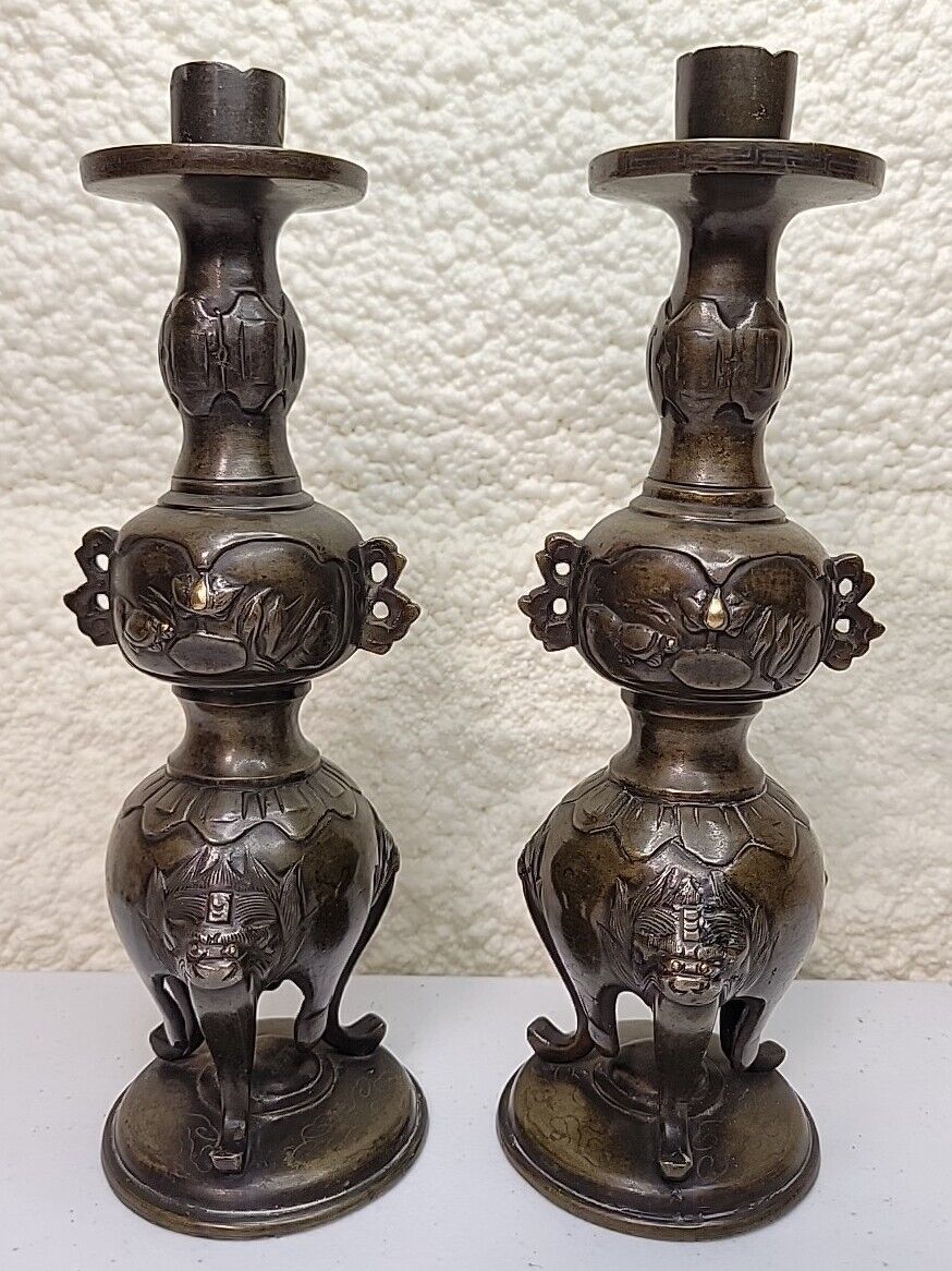 Meiji Period Japanese Bronze W/Gold Inlay Candle Stand Holders. 