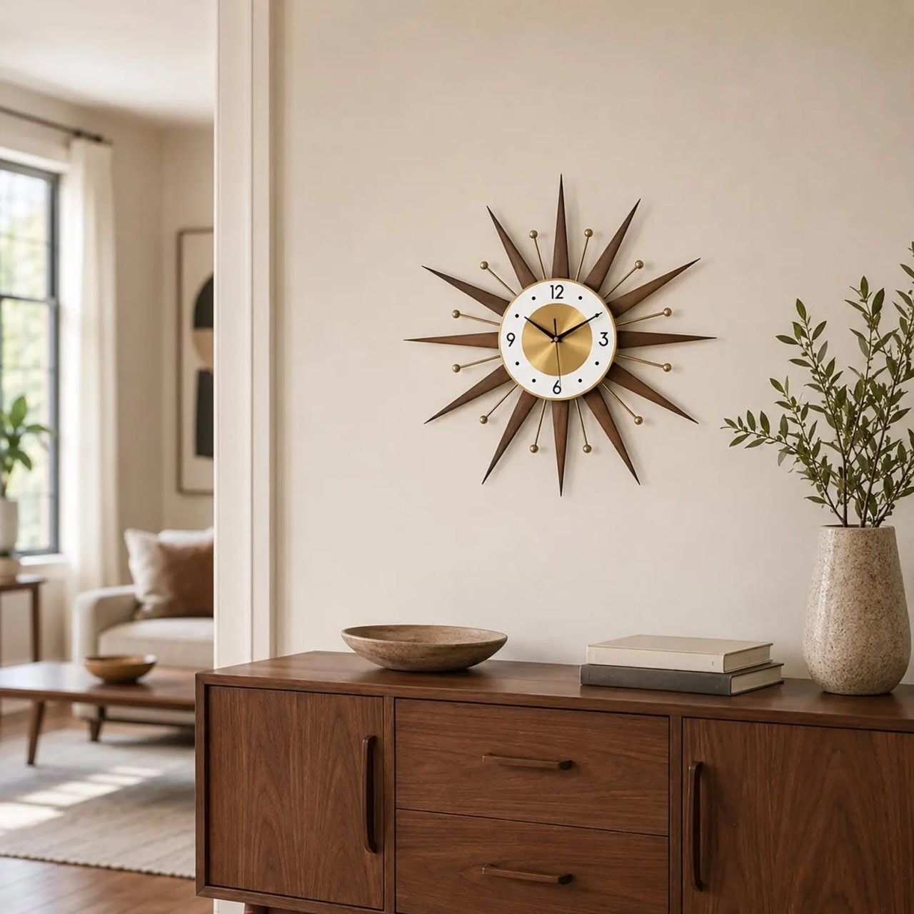 Mid Century Sunburst Wall Clock in Walnut Finish with Retro Atomic Decor Mid Century Sunburst Wall Clock in Walnut Finish with Retro Atomic Decor
