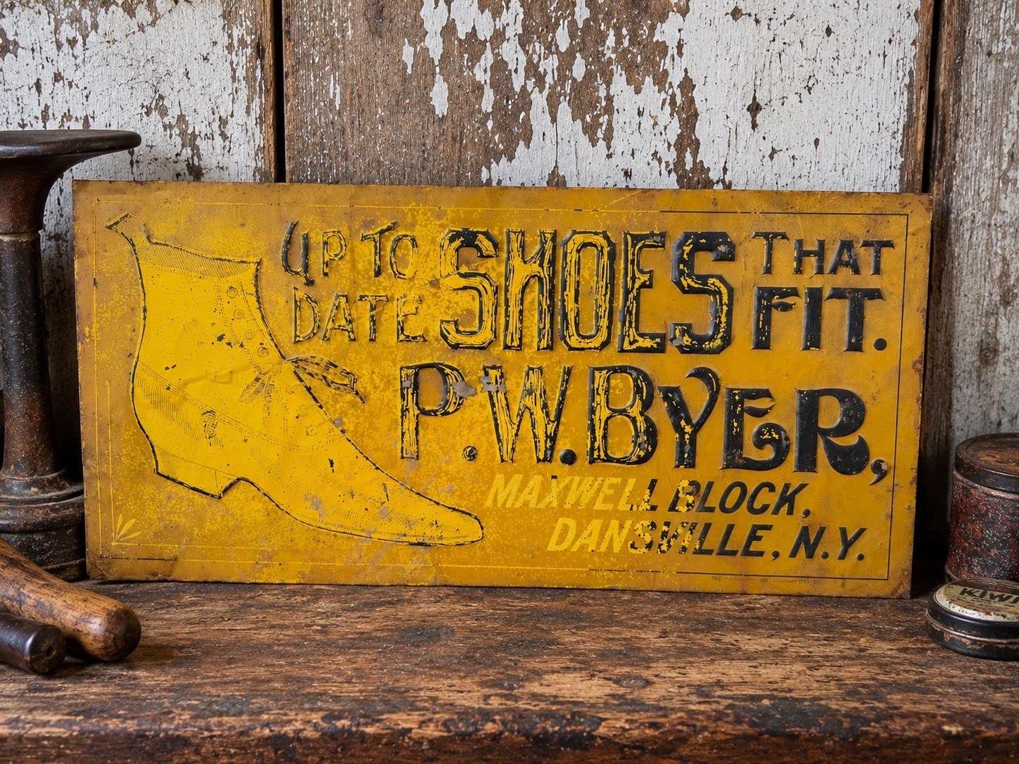 Antique EDWARDIAN ANTIQUE P.W. BYER SHOES SIGN AD DANSVILLE NEW YORK