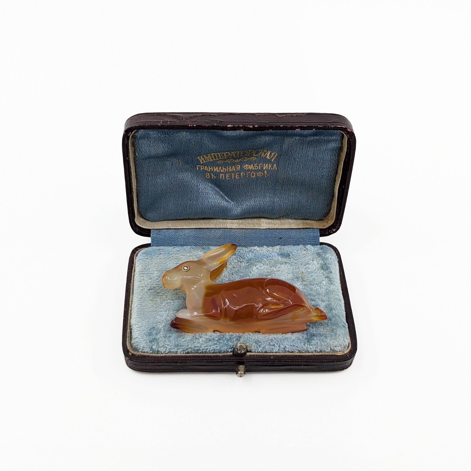 Antique Imperial Russian Agate Hare Miniature Hand Carved Jeweled Eyes Boxed Antique Imperial Russian Agate Hare Miniature Hand Carved Jeweled Eyes Boxed