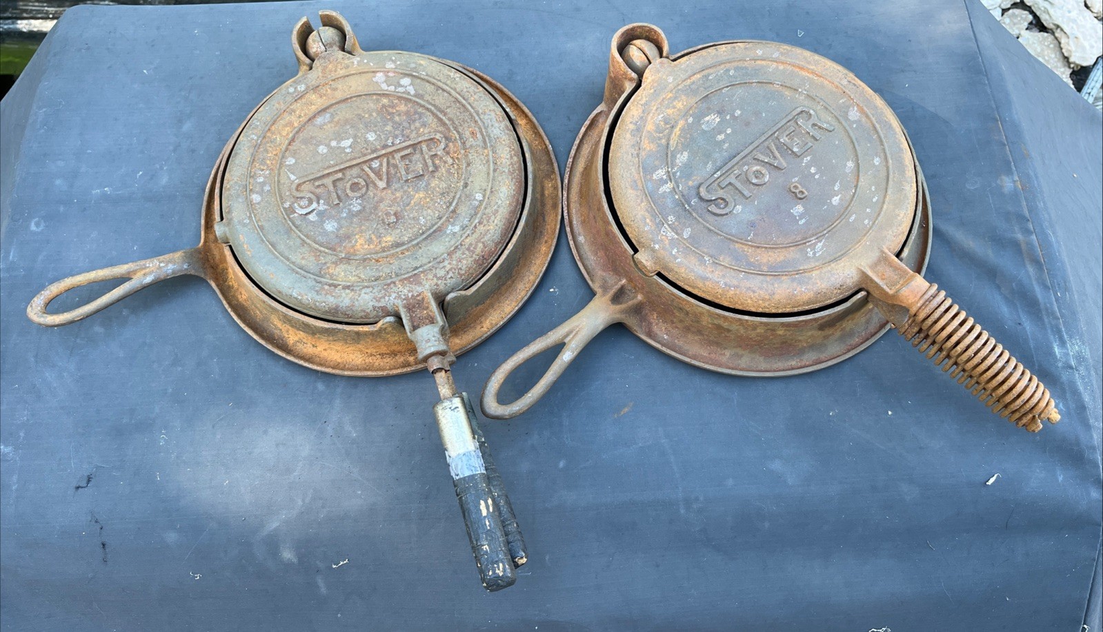 2 Stover No. 8 cast iron waffle makers