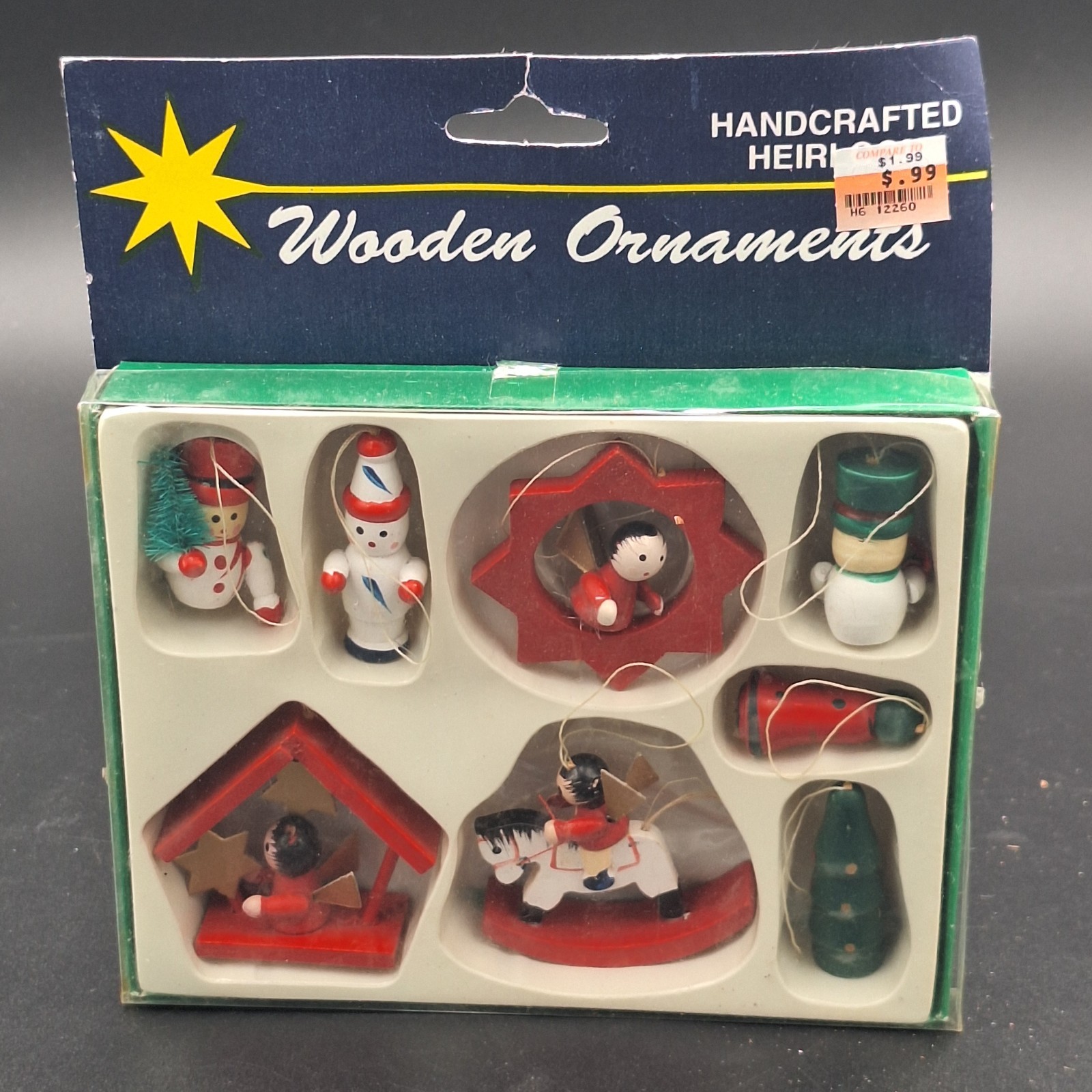 Vintage 1995 Set 8 Mini Wood Christmas Ornaments Hand Painted  Original Box