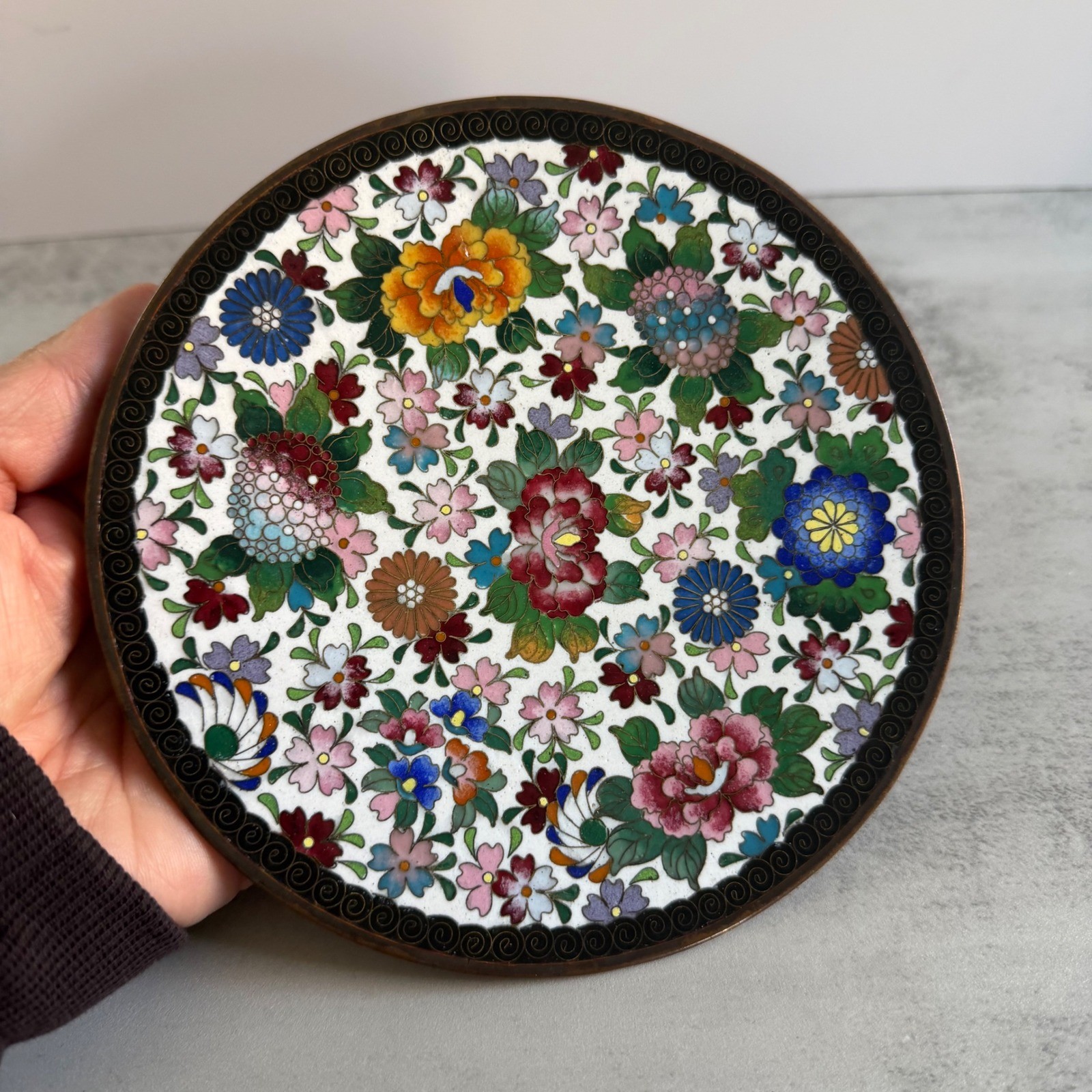 Vintage Chinese Cloisonne Enamel Floral Plate White Brass Rim Thousand Flowers