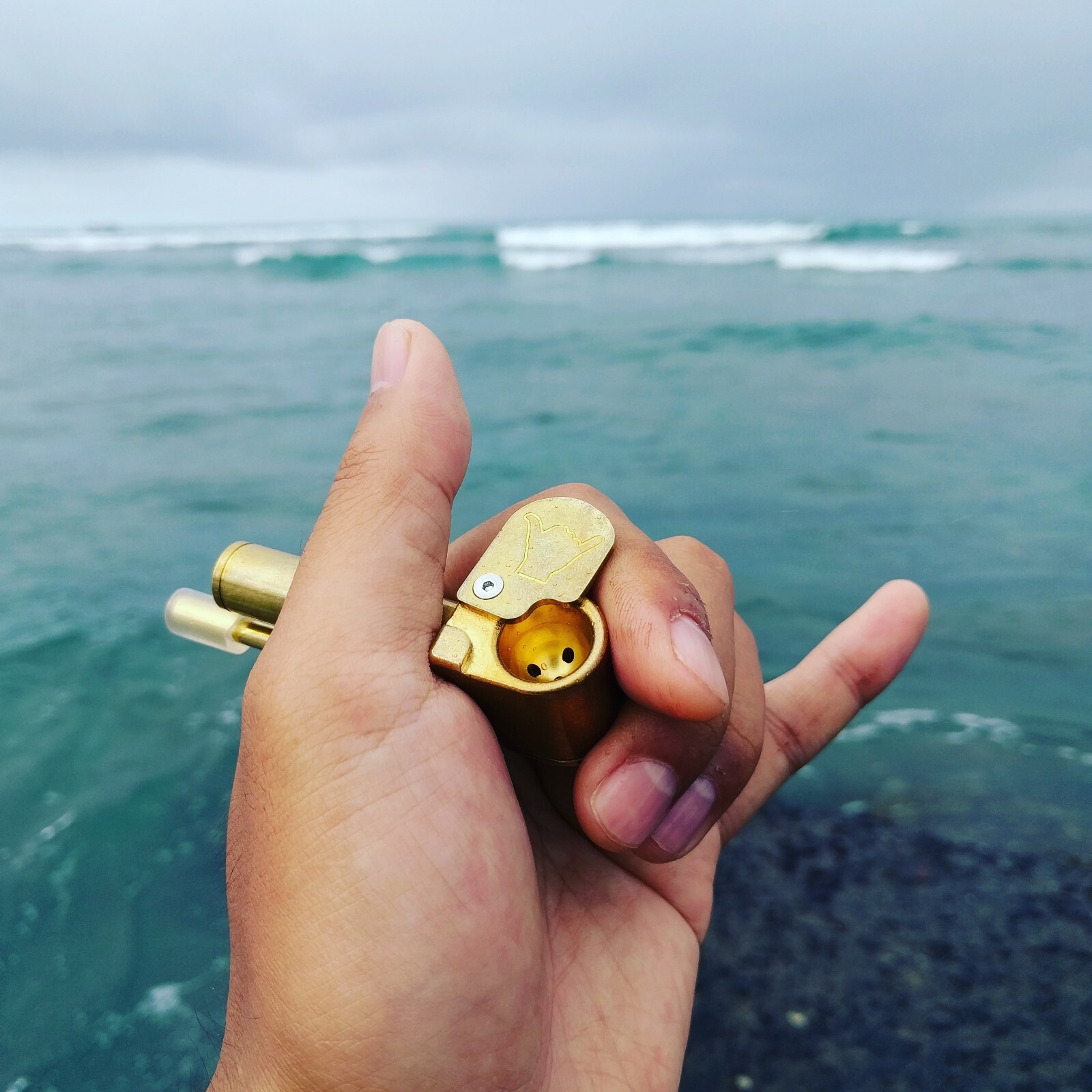 Original Shaka Pipe Unique Brass All-in-One w Stash Tube & Poker Made in Hawaii Original Shaka Pipe Unique Brass All-in-One w Stash Tube & Poker Made in Hawaii