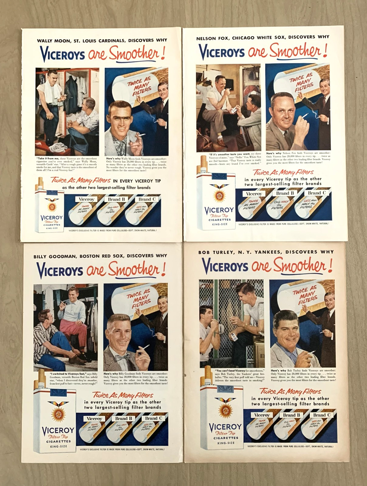 1956 Print Ads Viceroys Camels L&M Texaco Baseball Fox Goodman Turley Moon Berra