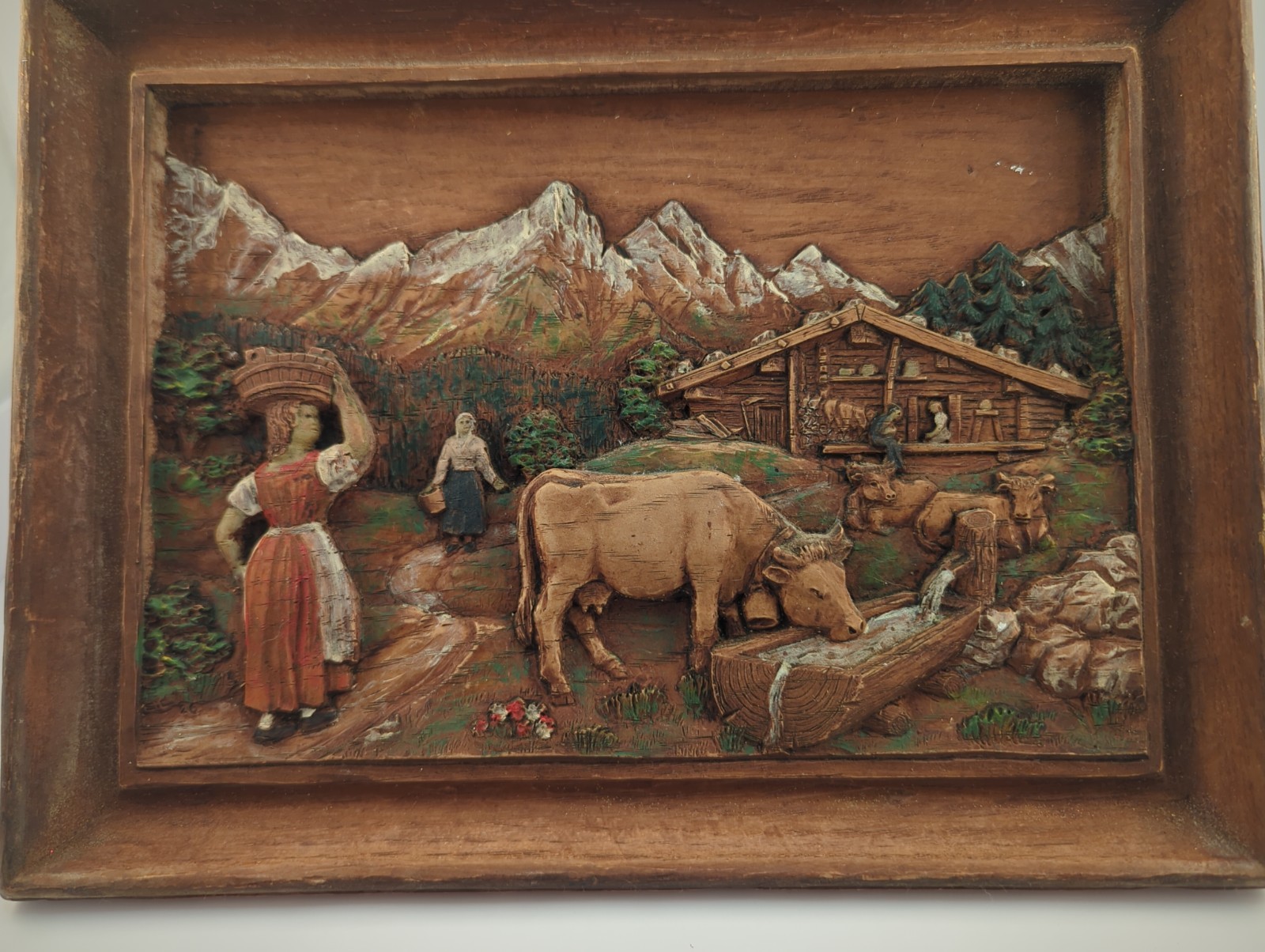 Vintage SIC French Carved Wood Relief Plaque Alpine Farm Cows Folk Art 19"x12" Vintage SIC French Carved Wood Relief Plaque Alpine Farm Cows Folk Art 19"x12"