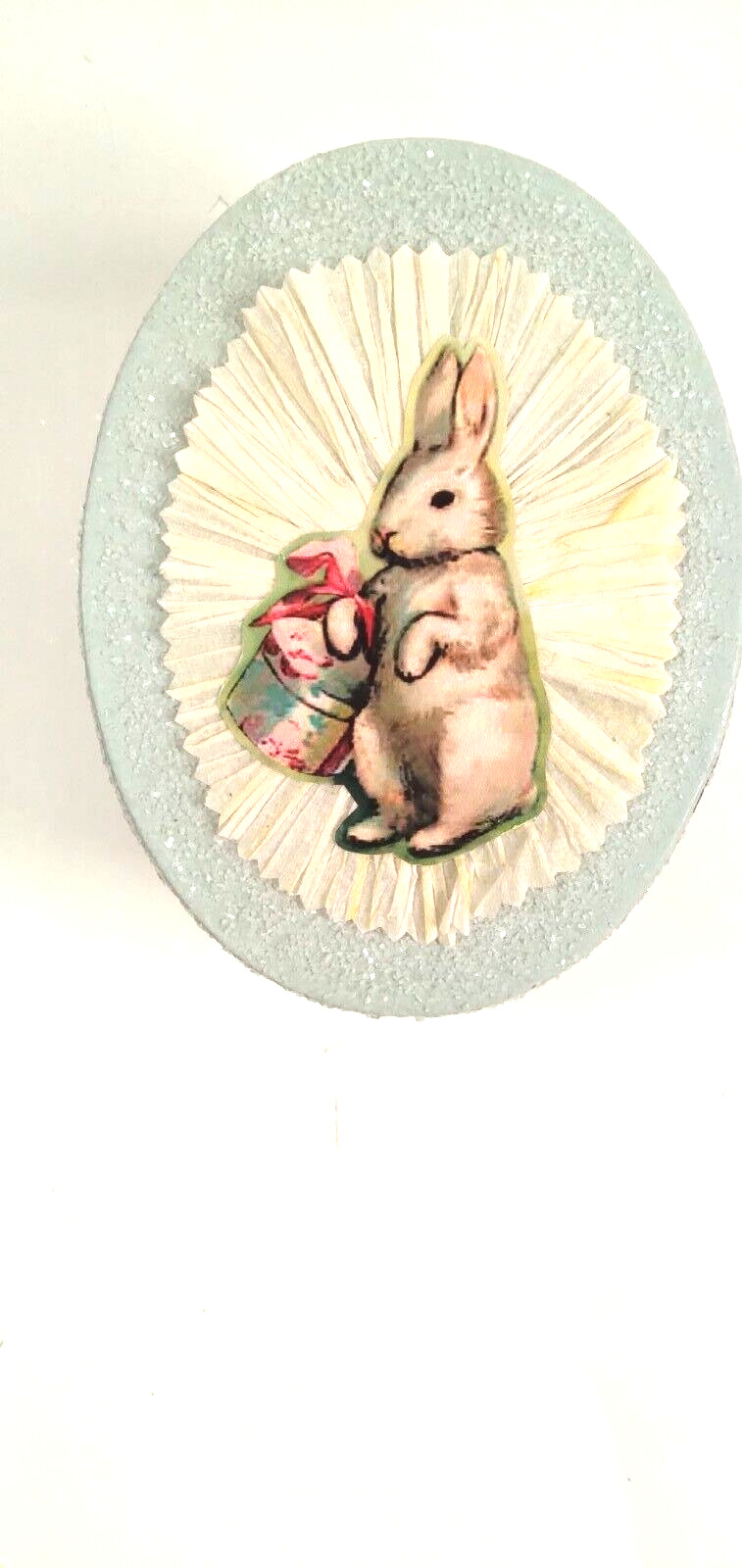 Bethany Lowe Pale Blue Sugared Easter Egg Shaped Box with Decoupaged Bunny