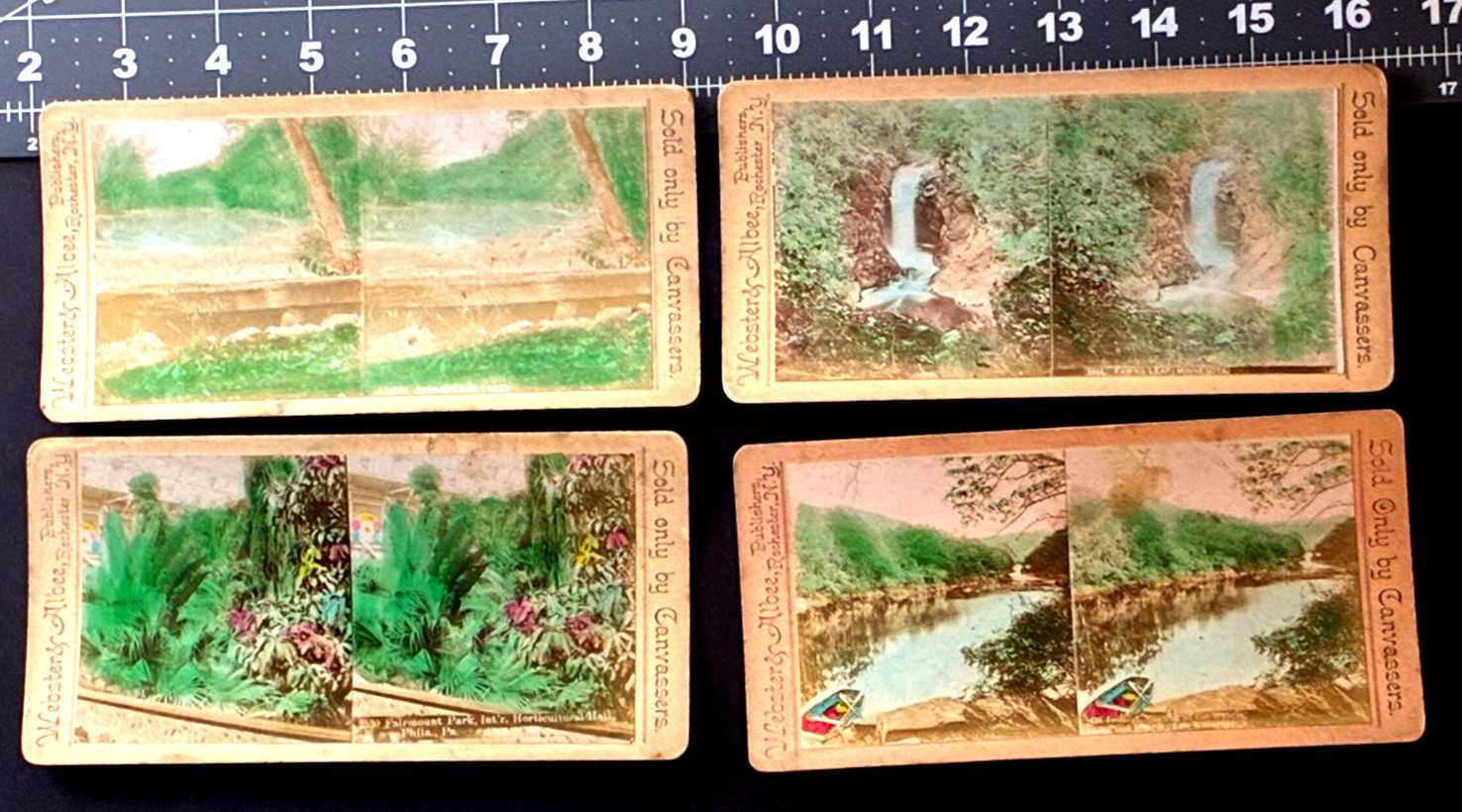 1844 - Hand Colored Floral, Boat, Water, Bridge. FOUR Stereoview Cards PB 1844 - Hand Colored Floral, Boat, Water, Bridge. FOUR Stereoview Cards PB