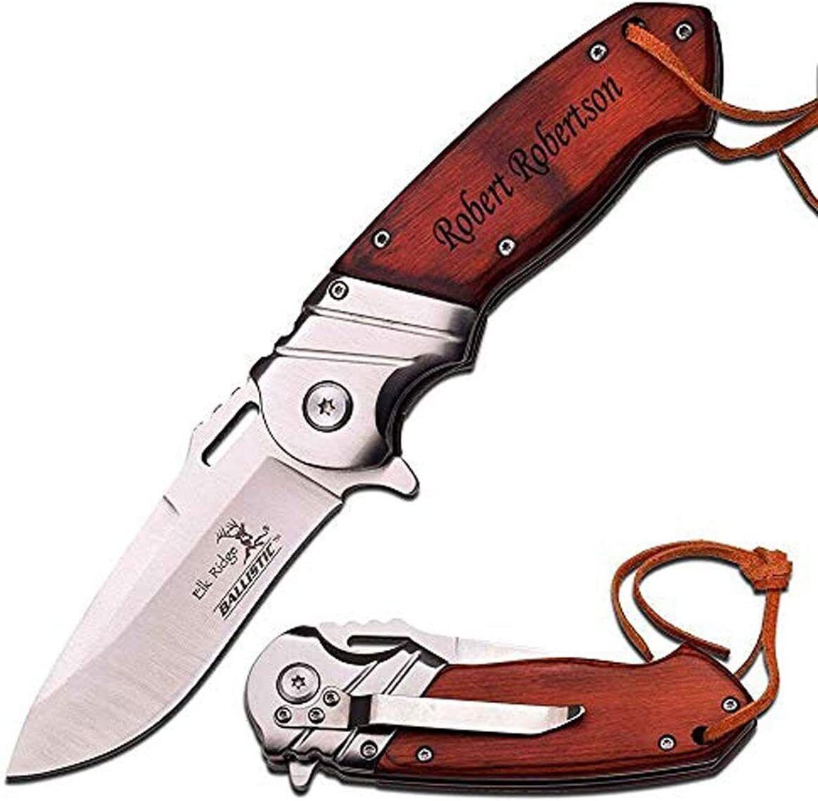 Personalized Laser Engraved FOLDING KNIFE, Brown wood Handle with Pocket Clip