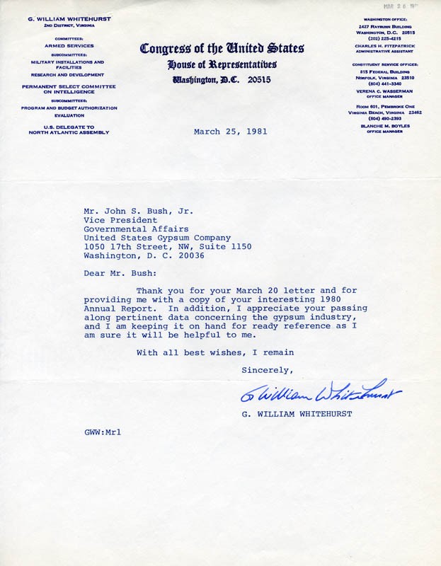 GEORGE WILLIAM "BILL" WHITEHURST - TYPED LETTER SIGNED 03/25/1972 GEORGE WILLIAM "BILL" WHITEHURST - TYPED LETTER SIGNED 03/25/1972