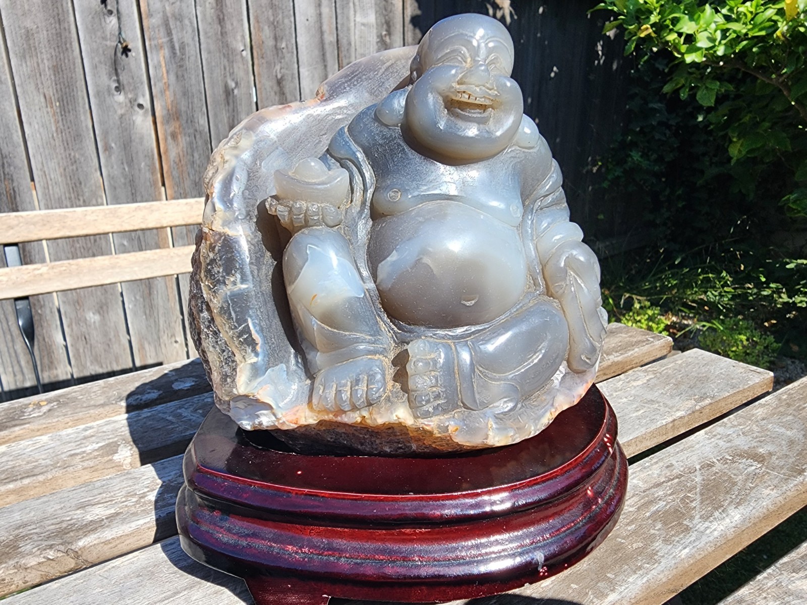 Large Hand Carved Translucent Agate Chalcedony Laughing Buddha Sculpture w/Base Large Hand Carved Translucent Agate Chalcedony Laughing Buddha Sculpture w/Base