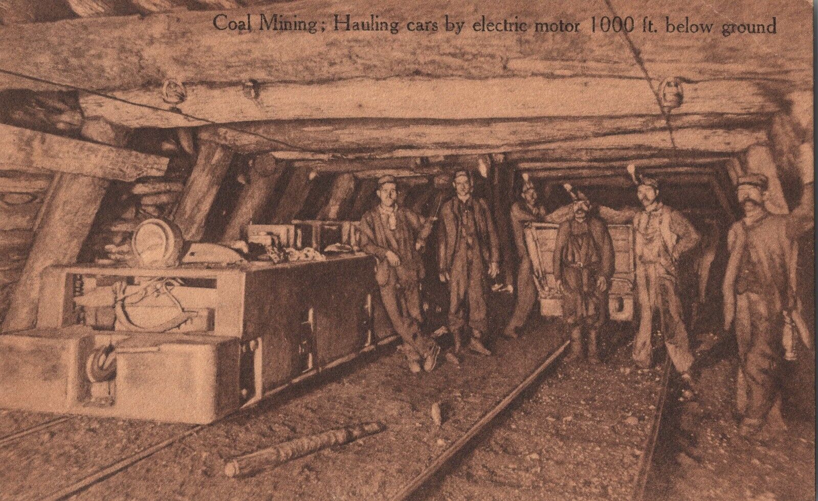 Coal Mining Hauling Cars by Electric Motor 1000 Ft Below Ground Vintage Postcard