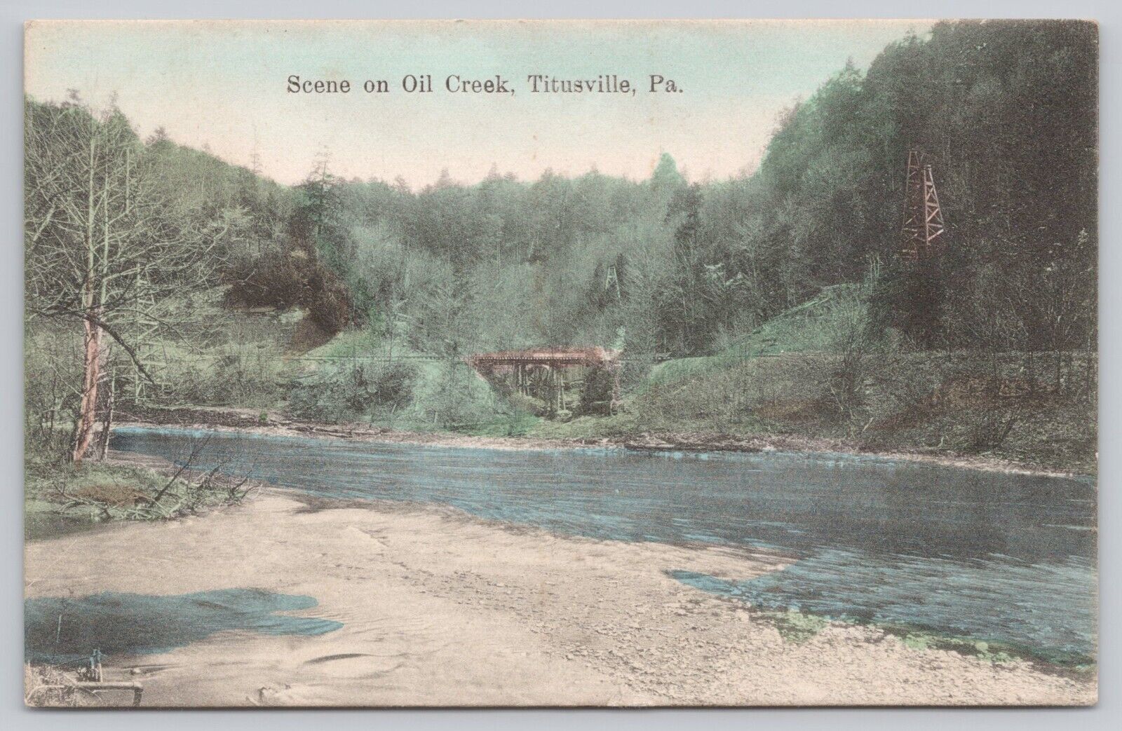 Scene On Oil Creek Railroad Bridge Titusville Pennsylvania Vtg Linen Postcard