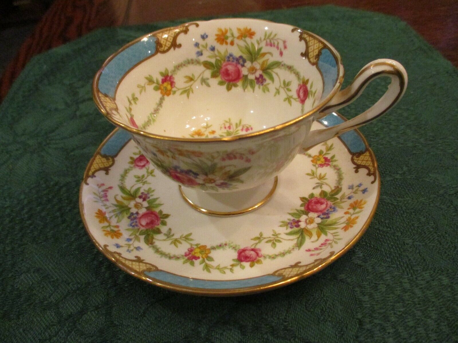 VTG Shelley Dubarry Turquoise & Flowers Fine Bone China Tea Cup & Saucer #13397 