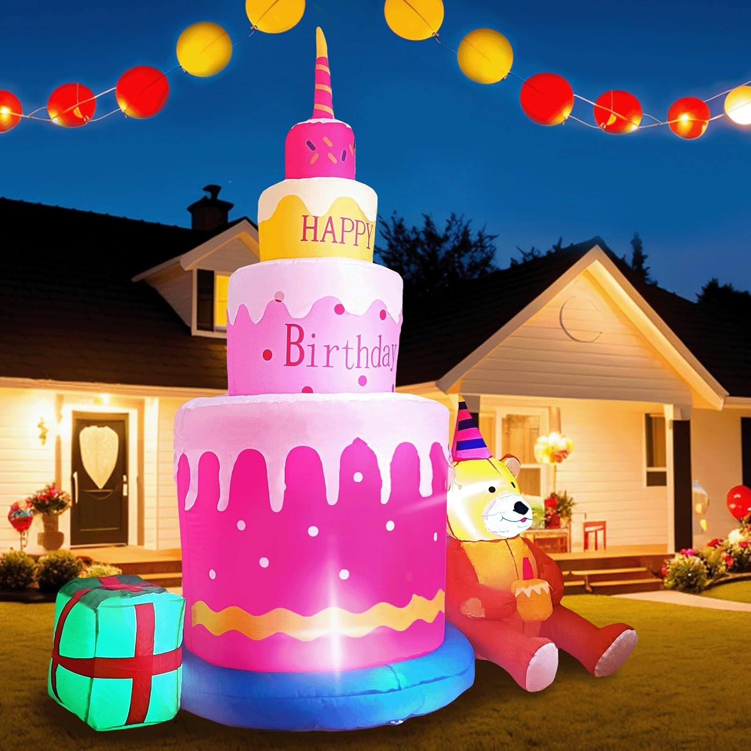 6FT Happy Birthday Inflatable Decorations Lighted Blow up Yard Party Decor Gifts