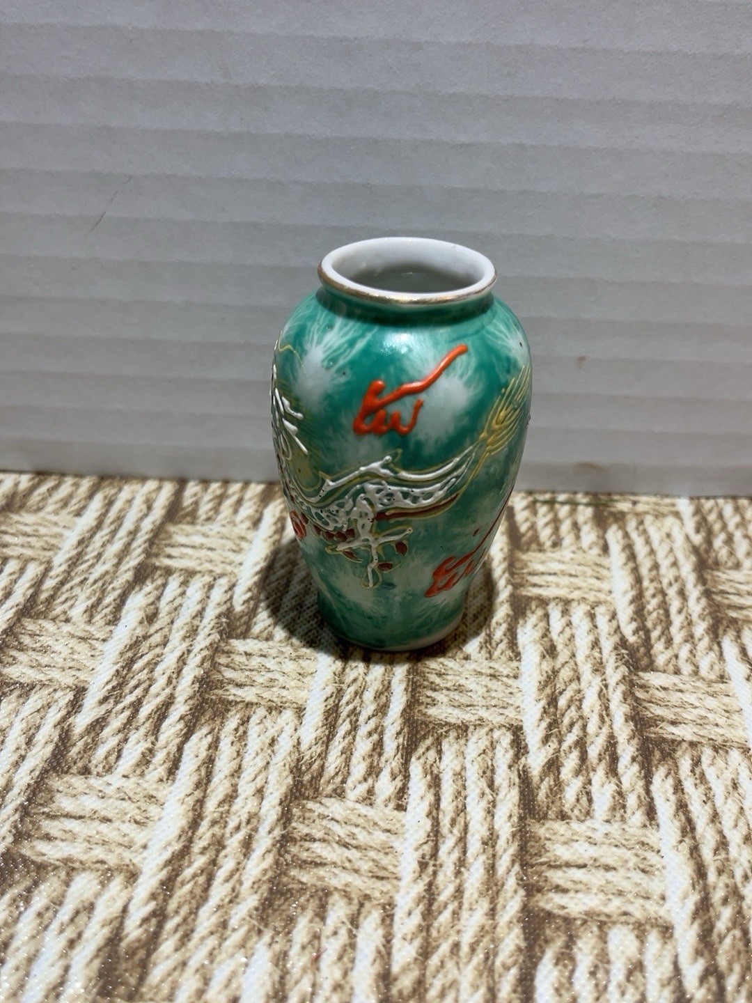 Vintage Occupied Japan Moriage Dragonware Mini Vase Green Porcelain 3.75”