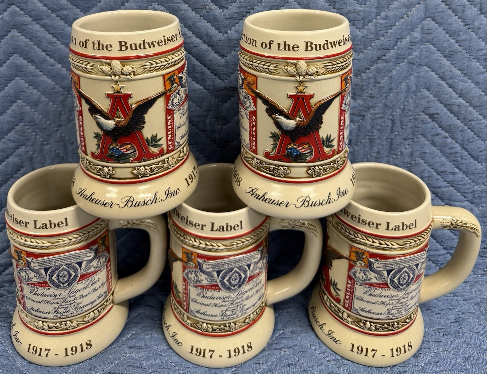 Vintage Budweiser Beer Evolution of the Label State Convention Stein Mug 1999 x5 Vintage Budweiser Beer Evolution of the Label State Convention Stein Mug 1999 x5