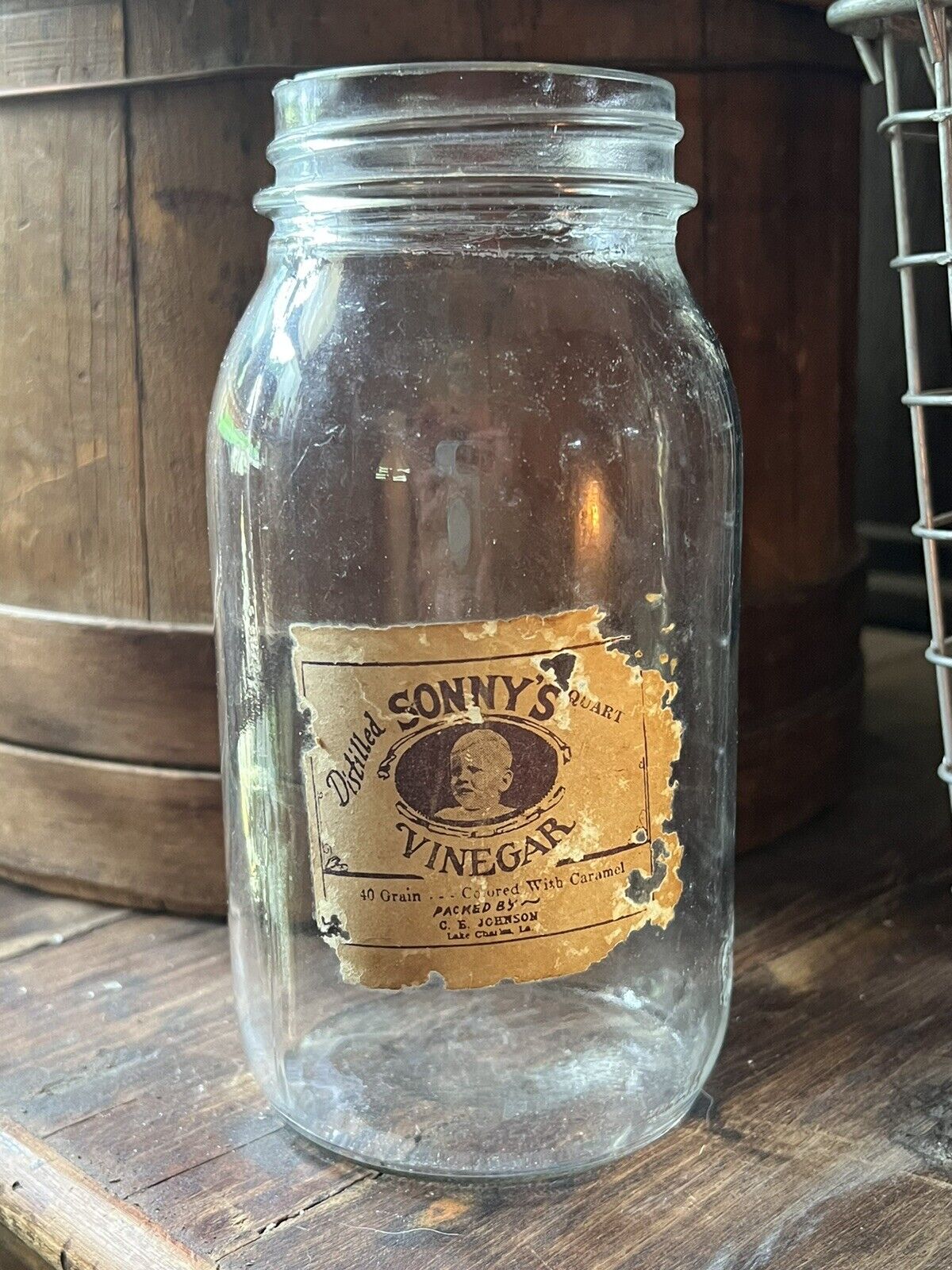 Vintage Distilled SONNY’S VINEGAR Quart JAR C.E. Johnson LAKE CHARLES LOUISIANA