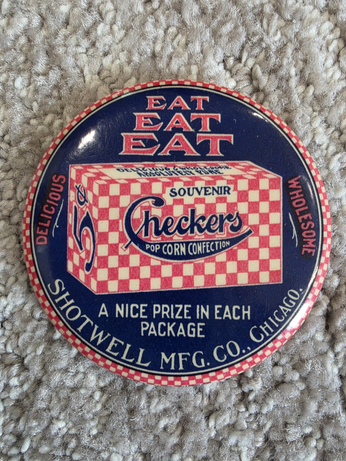Antique Checkers Popcorn Adv. Pocket Mirror from Shotwell Mfg Co. early 1900's Antique Checkers Popcorn Adv. Pocket Mirror from Shotwell Mfg Co. early 1900's