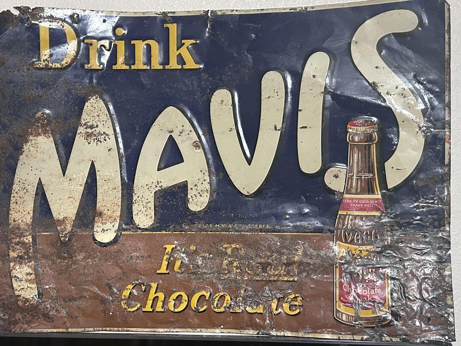 c.1930s Original Vintage Drink Mavis Chocolate Drink Sign Metal Embossed Tin Gas