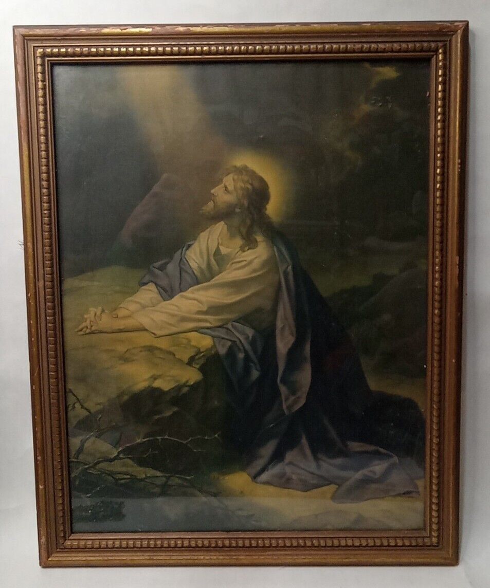 Vintage Jesus Praying The Garden of Gethsemane 21 x 15 Framed Print 
