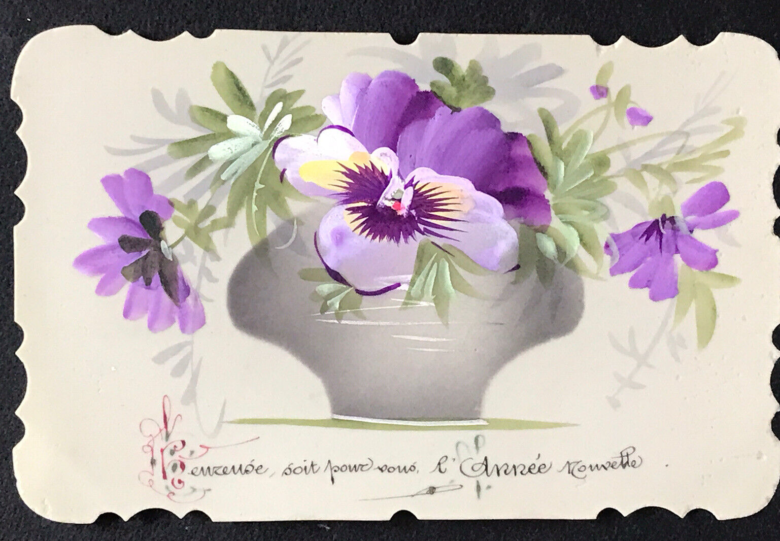 Vintage Rhodoid CPA IRIS Vase Happy New Year Fancy New Year Iris Postcard