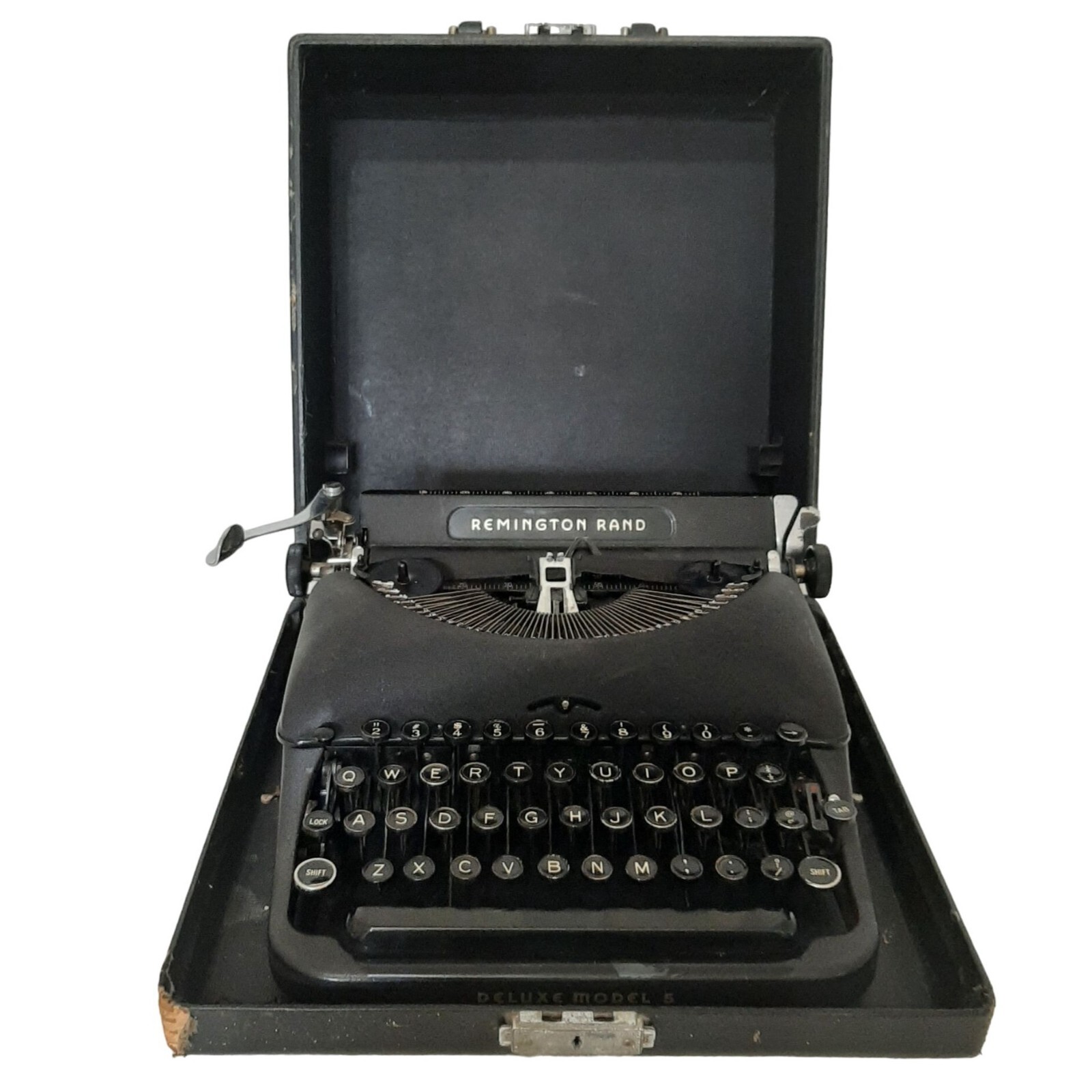 Vtg 40s Remington Rand Typewriter Deluxe Model 5 B1237617 with Case Made in USA Vtg 40s Remington Rand Typewriter Deluxe Model 5 B1237617 with Case Made in USA