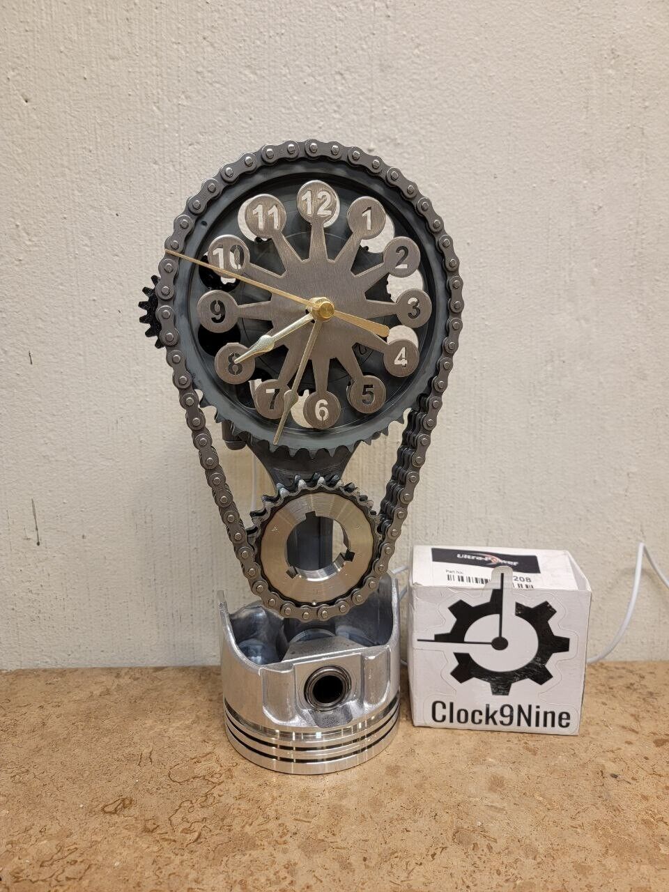 Stainless Steel Face Chevy Small block Timing Chain Clock, Motorized, Rotating.