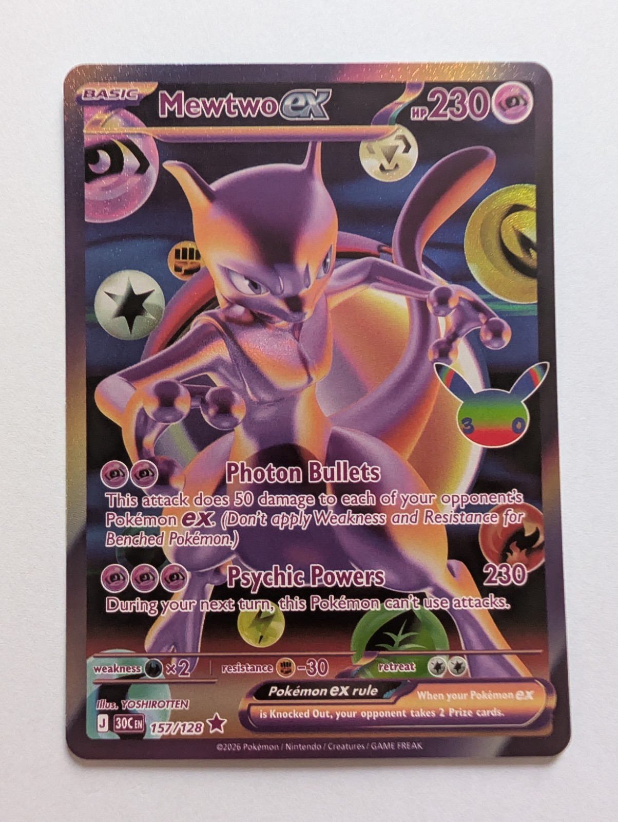 Mewtwo ex 157/128 Pokemon TCG 30th Anniversary Futuristic Rare Holo English NM Mewtwo ex 157/128 Pokemon TCG 30th Anniversary Futuristic Rare Holo English NM