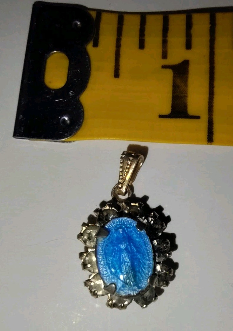 Vintage Blue Enamel Miraculous Medal Pendant Small Gold Tone 0.75" Dainty Vintage Blue Enamel Miraculous Medal Pendant Small Gold Tone 0.75" Dainty