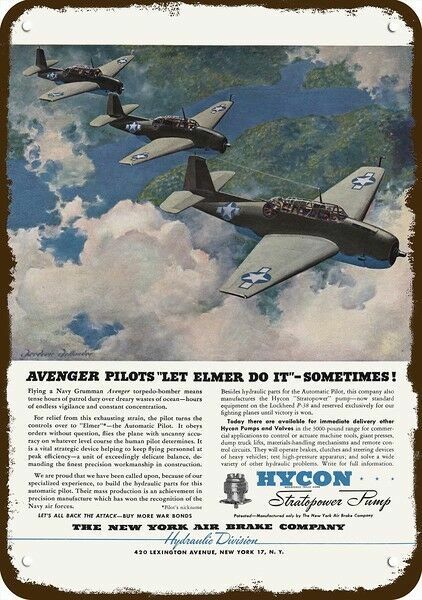 1944 HYCON CO. Vintage Look METAL SIGN - GRUMMAN AVENGER TORPEDO BOMBER AIRPLANE 1944 HYCON CO. Vintage Look METAL SIGN - GRUMMAN AVENGER TORPEDO BOMBER AIRPLANE