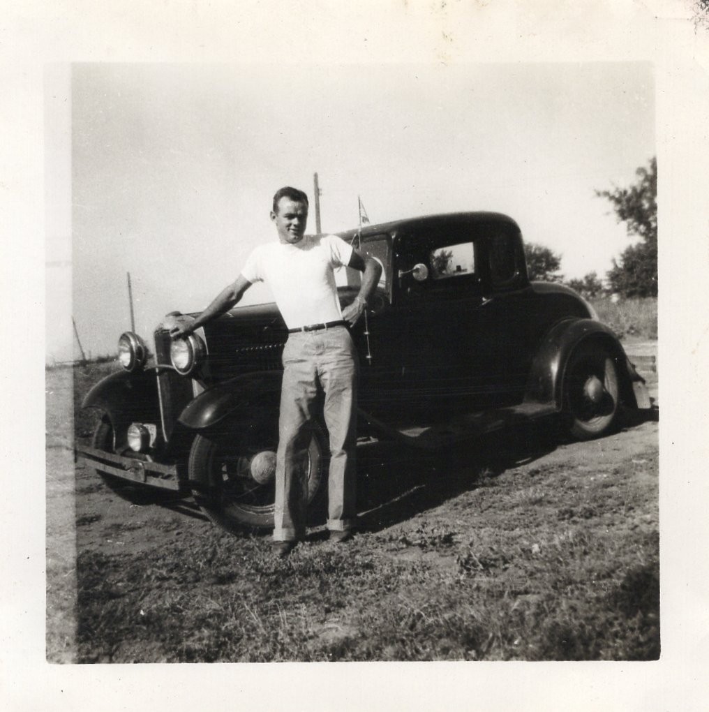 Handsome Beefy Man Posing w/ Classic Car Hot Rod Automobile Photo Snapshot Vtg Handsome Beefy Man Posing w/ Classic Car Hot Rod Automobile Photo Snapshot Vtg