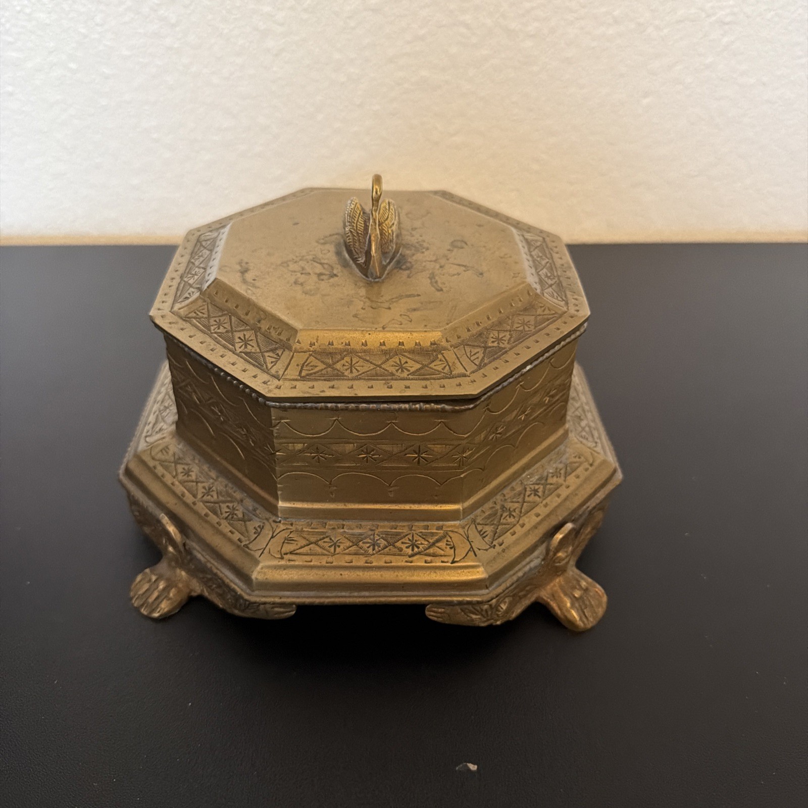 Vintage “Castilian” #9805 Solid Brass Covered Foot Box with Swan Finial Vintage “Castilian” #9805 Solid Brass Covered Foot Box with Swan Finial