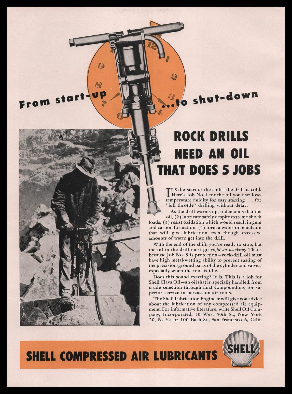 1946 Shell Compressed Lubricants Clava Oil Rock Drill Worker Photo Print Ad 1946 Shell Compressed Lubricants Clava Oil Rock Drill Worker Photo Print Ad