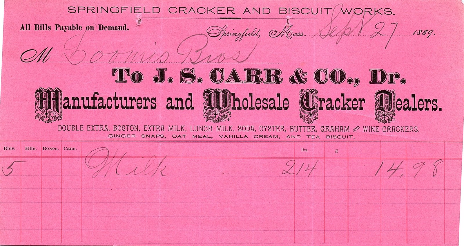 1889 Springfield Cracker & Biscuit Works billhead to J.S. Ca 1889 Springfield Cracker & Biscuit Works billhead to J.S. Ca