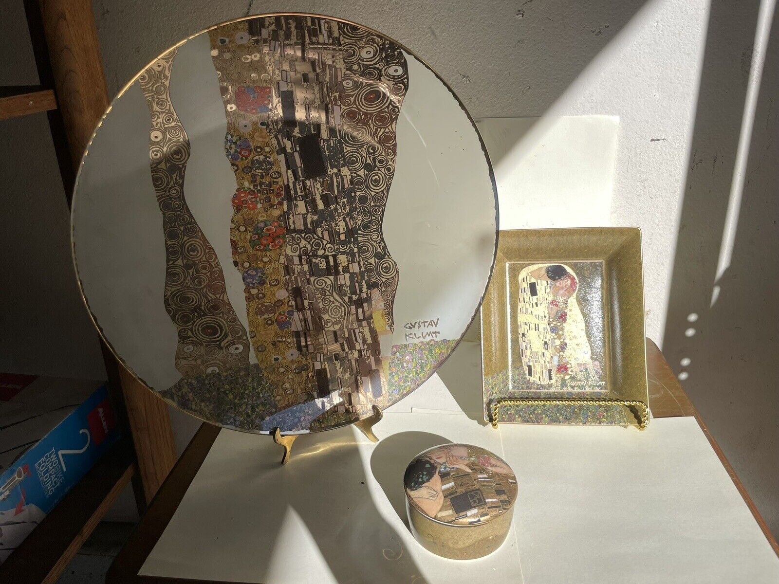 Vtg Set Of 3 Goebel Artis Orbis 14” Glass Platter Gustav Klimpt Hand Decorated