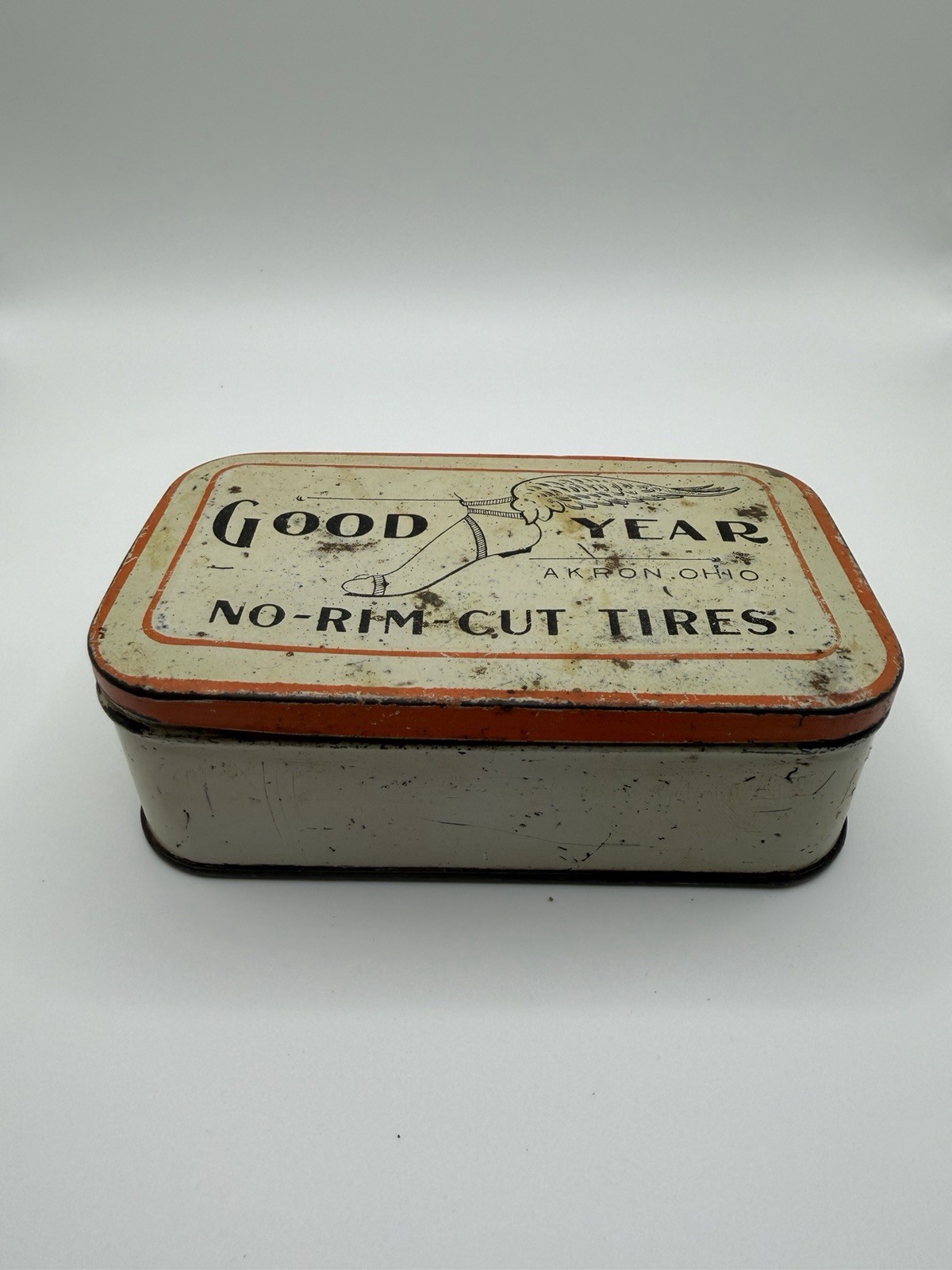 Goodyear No-Rim-Cut Tires Advertising Tin Box Collectible Beige Orange Black