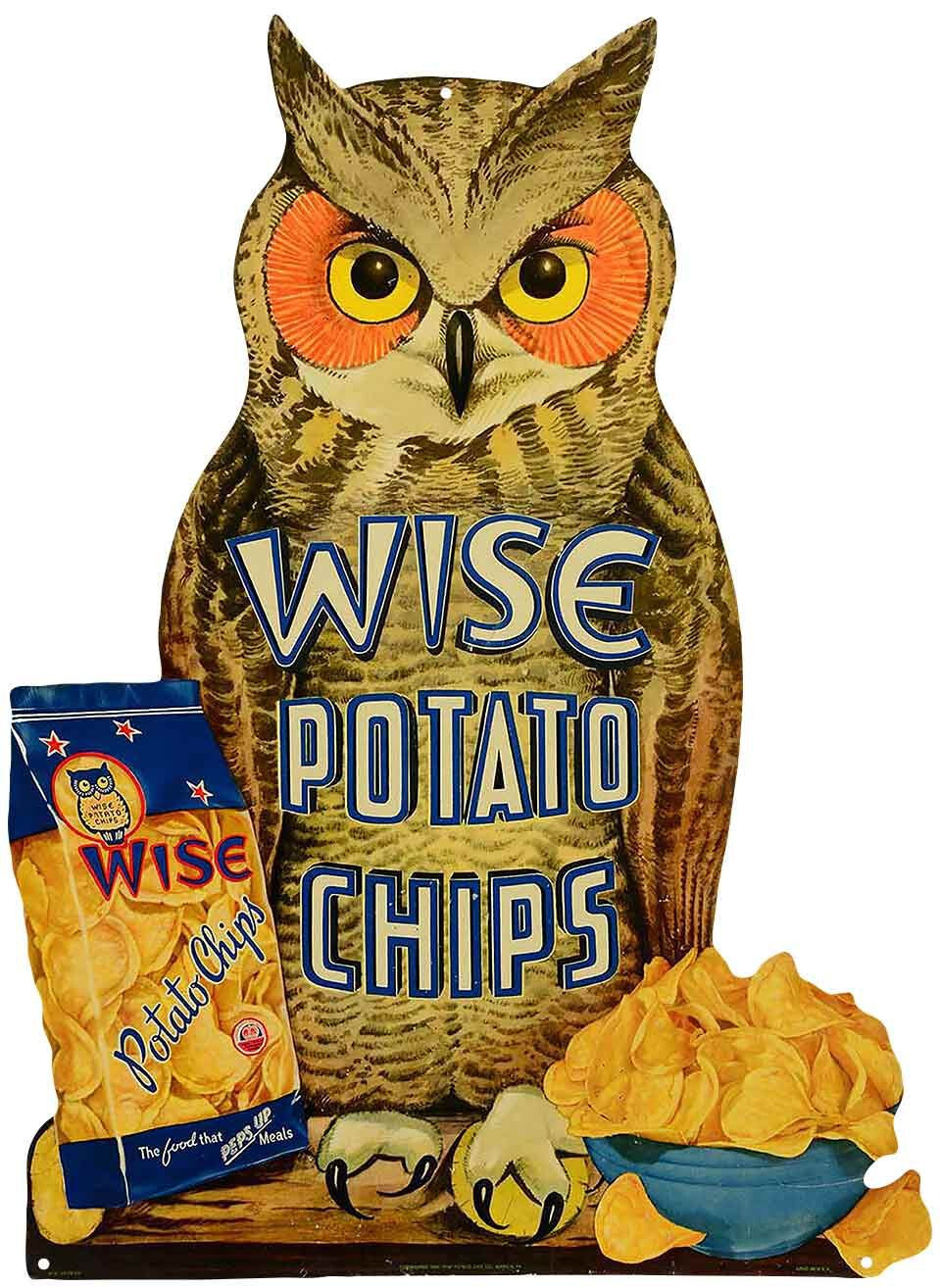 WISE POTATO CHIPS OWL CHIP BAG 18" HEAVY DUTY USA MADE METAL ADVERTISING SIGN WISE POTATO CHIPS OWL CHIP BAG 18" HEAVY DUTY USA MADE METAL ADVERTISING SIGN