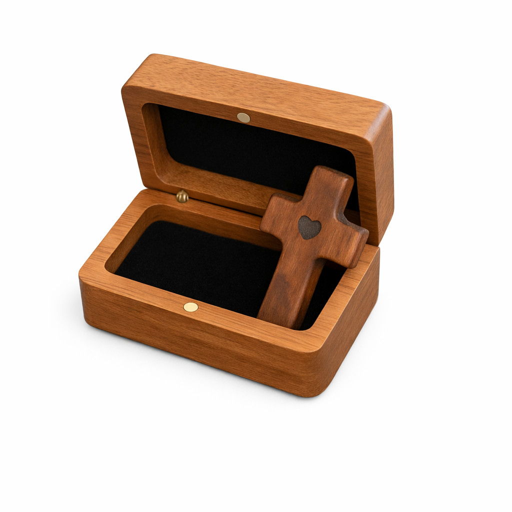 Engraved Wooden Pocket Cross Set – Christian Keepsake Box – Natural Prayer Charm
