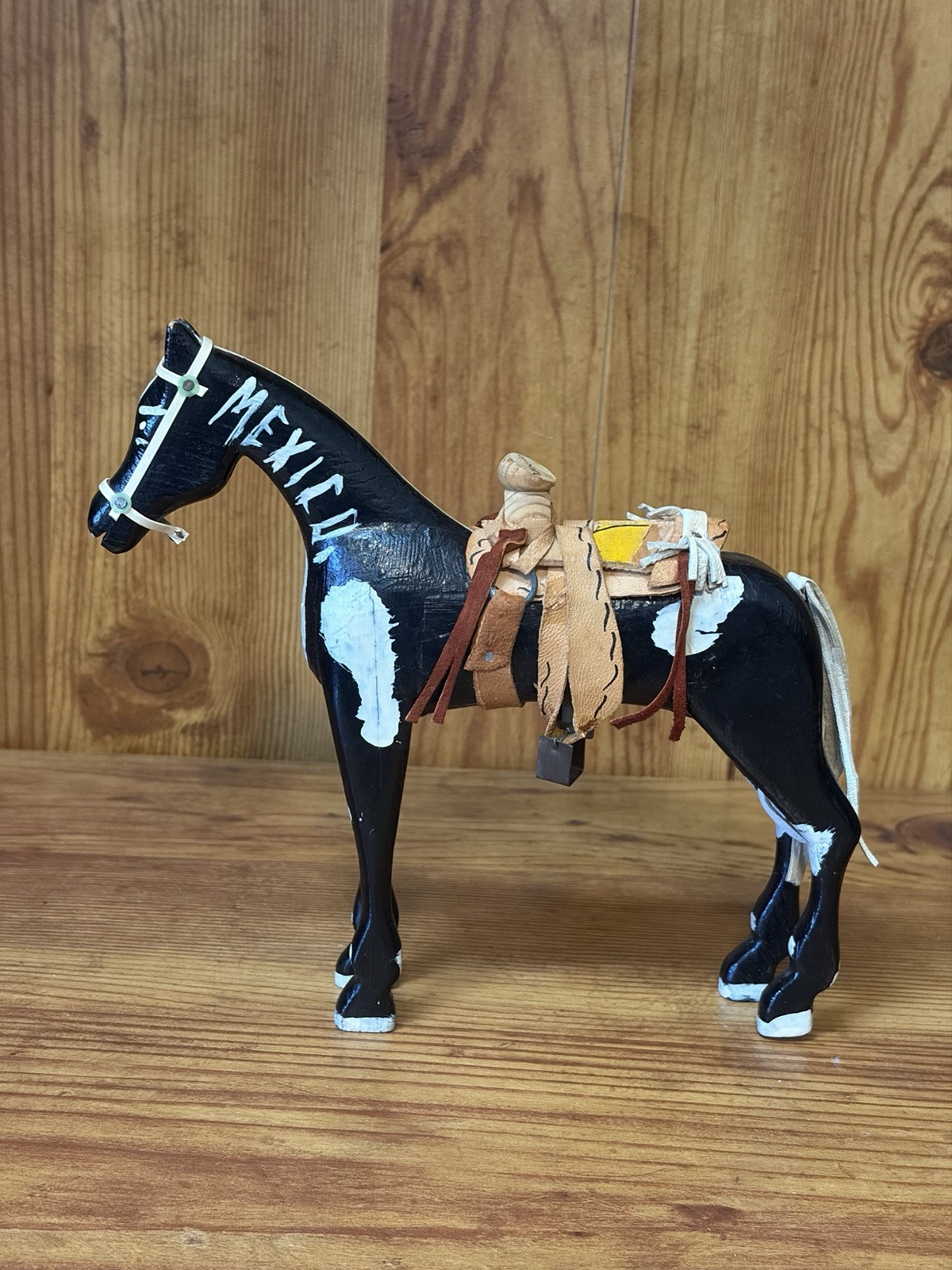 Vintage Hand Painted Wooden Folk Art Horse Figurine Leather Saddle From Mexico Vintage Hand Painted Wooden Folk Art Horse Figurine Leather Saddle From Mexico