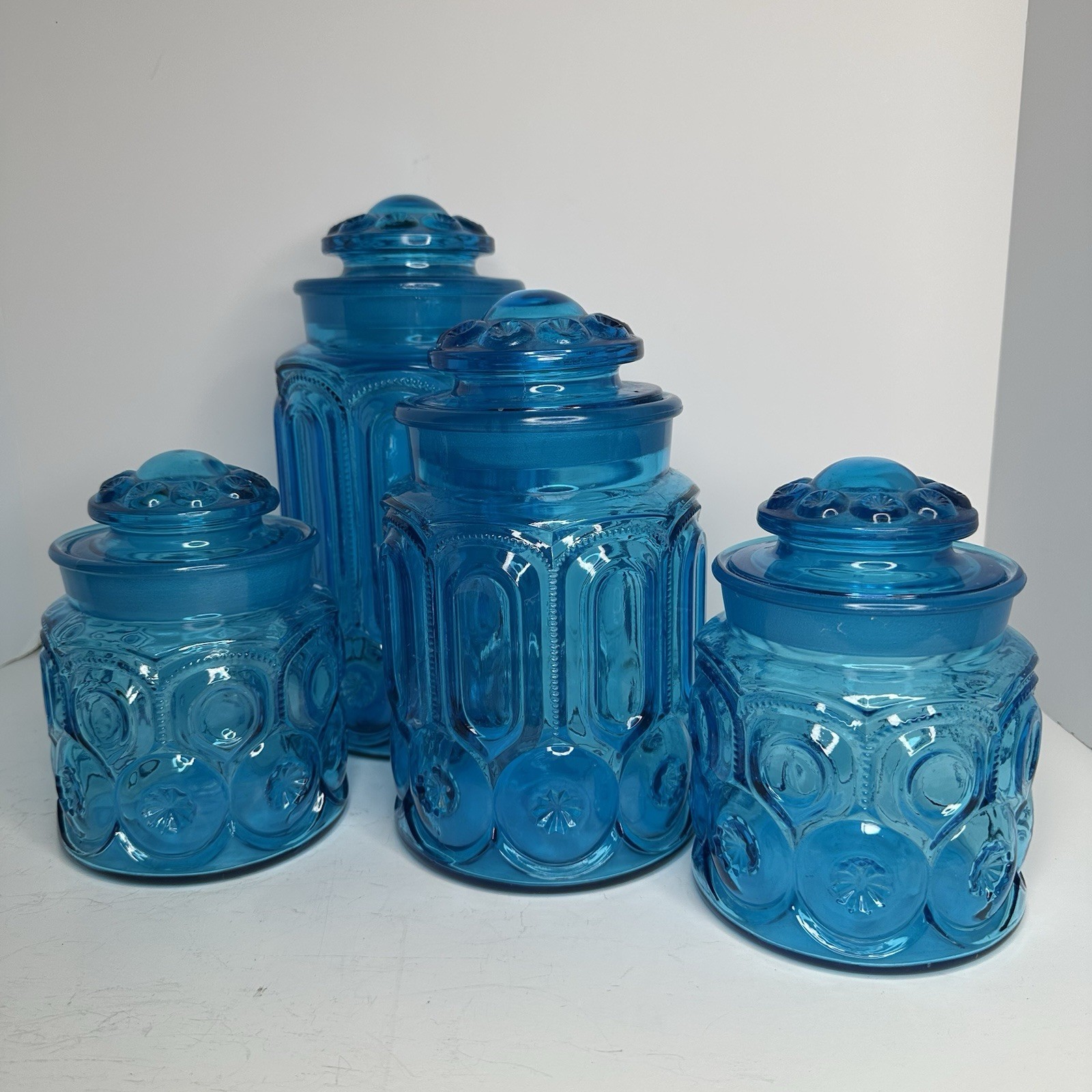 Vintage LE Smith Moon & Stars Colonial Blue Glass 4 Pcs. Canister Set Vintage LE Smith Moon & Stars Colonial Blue Glass 4 Pcs. Canister Set