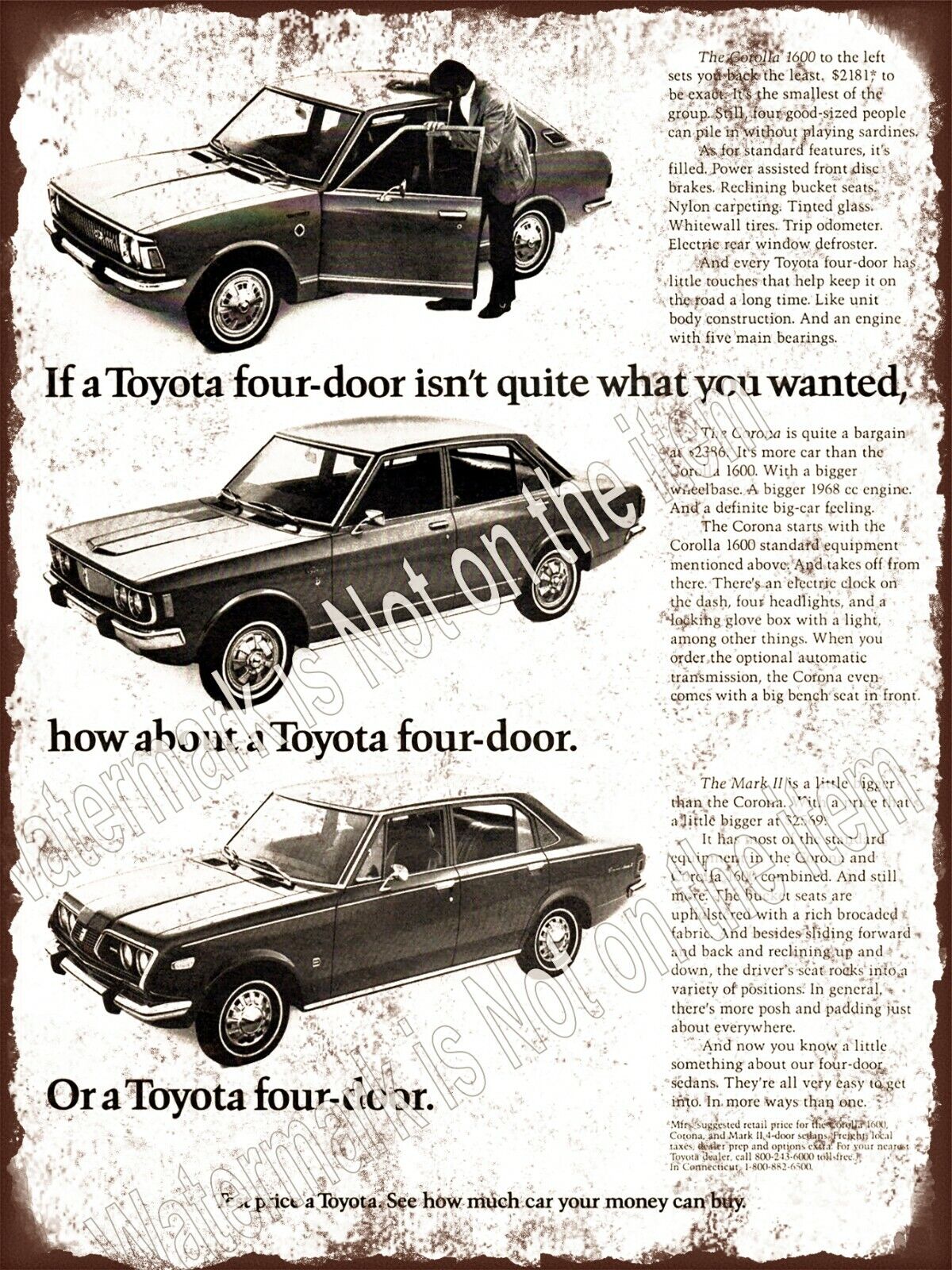 1972 Toyota Corolla 2 door Corona Mark II Garage Shop Metal Sign 9x12\